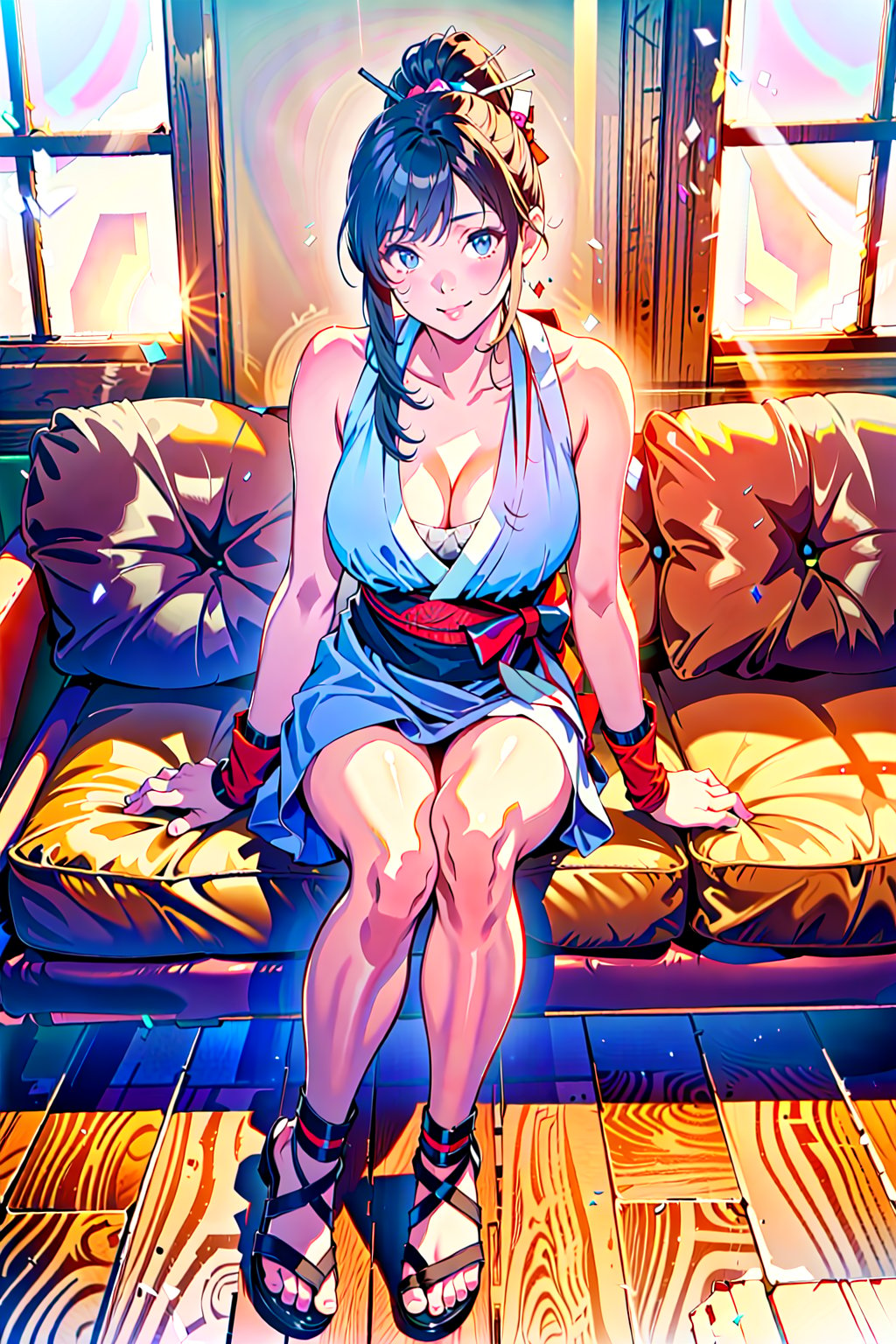 {best quality},{{masterpiece}},illustration,portrait,solo,masterpiece,best quality,black hair,kunoichi,ninja,ponytail,japanese clothes,fingerless gloves,sleeveless,large_breasts,cleavage,pantyhose,tabi,sandalsincredibly absurdres,highres,high detail eyes,sitting,window,smile,indoors,bar,sake,hand on thigh,game cg,full_body