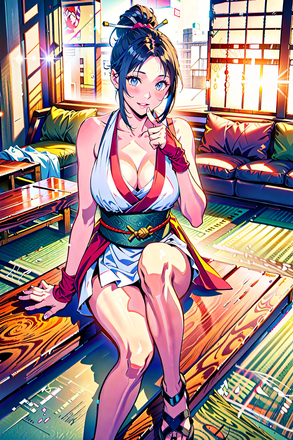 {best quality},{{masterpiece}},illustration,portrait,solo,masterpiece,best quality,black hair,kunoichi,ninja,ponytail,japanese clothes,fingerless gloves,sleeveless,large_breasts,cleavage,pantyhose,tabi,sandalsincredibly absurdres,highres,high detail eyes,sitting,window,smile,indoors,bar,sake,hand on thigh,game cg,full_body