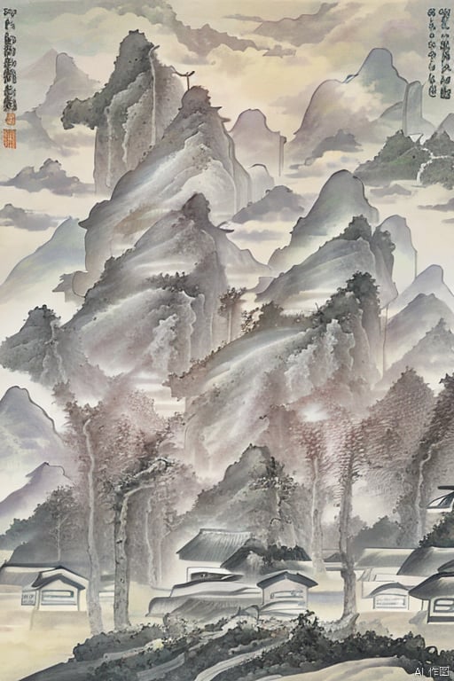  Miniature landscape, Chinese three-dimensional landscape painting, Zen aesthetics, Zen composition, Chinese architectural complex, red copper mine, ore crystallization, red mountains, flowing particles, macro lens, rich light, luminous mountains, mountains, clouds, minimalism, extreme details, incomparable details, film special effects, lifelike, 3D rendering, fine details, chinese paiting