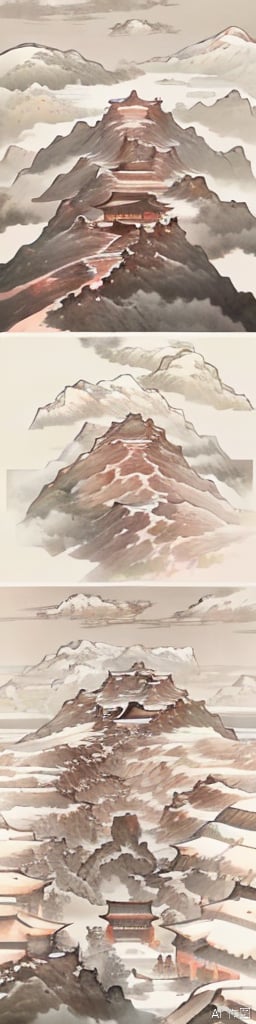  Miniature landscape, Chinese three-dimensional landscape painting, Zen aesthetics, Zen composition, Chinese architectural complex, red copper mine, ore crystallization, red mountains, flowing particles, macro lens, rich light, luminous mountains, mountains, clouds, minimalism, extreme details, incomparable details, film special effects, lifelike, 3D rendering, fine details, chinese paiting