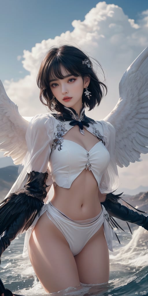  1girl, solo, short hair, simple background, black hair, jewelry, earrings, black eyes, lips, portrait, realistic,feathered wings, angel wings, white wings,zj(((masterpiece))),best quality, illustration,beautiful detailed glow,(beautiful detailed eyes), (dark magician girl:1.1),big forhead,flower,large top sleeves,Floating ashes, Beautiful and detailed explosion, red moon, fire,Fire cloud, Wings on fire, a cloudy sky, smoke of gunpowder, burning, black dress, (beautiful detailed eyes),expressionless,beautiful detailed white gloves, Dove of peace, (floating cloud:1.2),azure hair,disheveled hair,long bangs, hairs between eyes, black kneehighs, black ribbon,white bowties,midriff,{{{half closed eyes}}},white_dress