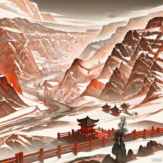  Miniature landscape, Chinese three-dimensional landscape painting, Zen aesthetics, Zen composition, Chinese architectural complex, red copper mine, ore crystallization, red mountains, flowing particles, macro lens, rich light, luminous mountains, mountains, clouds, minimalism, extreme details, incomparable details, film special effects, lifelike, 3D rendering, fine details, chinese paiting