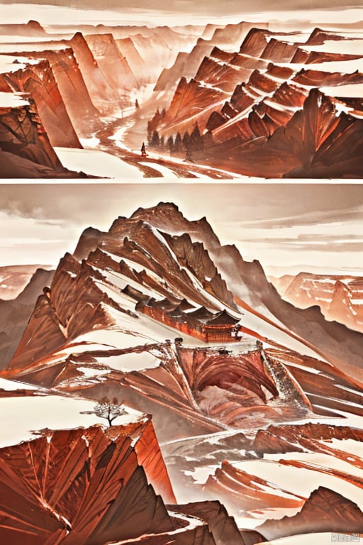  Miniature landscape, Chinese three-dimensional landscape painting, Zen aesthetics, Zen composition, Chinese architectural complex, red copper mine, ore crystallization, red mountains, flowing particles, macro lens, rich light, luminous mountains, mountains, clouds, minimalism, extreme details, incomparable details, film special effects, lifelike, 3D rendering, fine details, chinese paiting