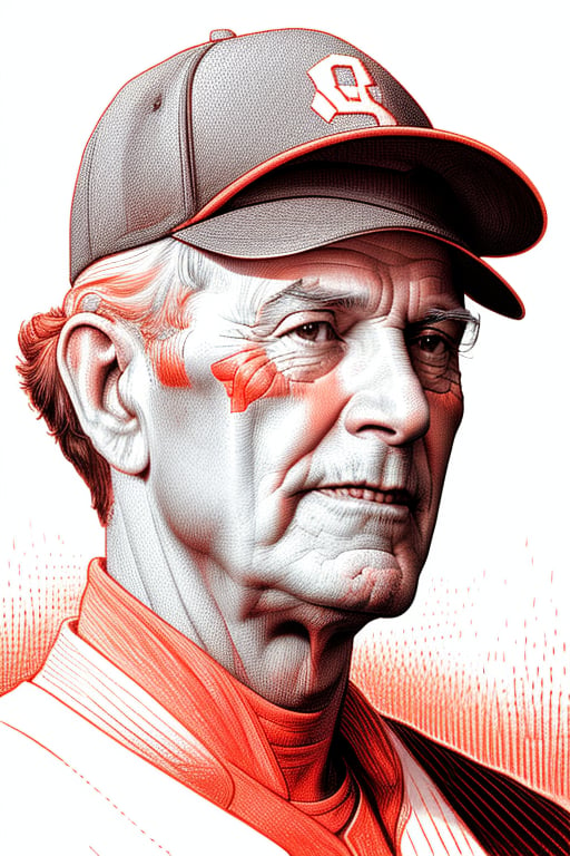 A detailed XTCH crosshatching sketched illustration, close-up portrait of a vintage Baseball Player, an older Pitcher staring away under brim of cap, with a smirk. Partially shaded face, highly detailed, peach, red theme, colored linear hatch lines, heavy crosshatching in face and skin tones, sharp focus, spot color, XTCH, crosshatching, portrait