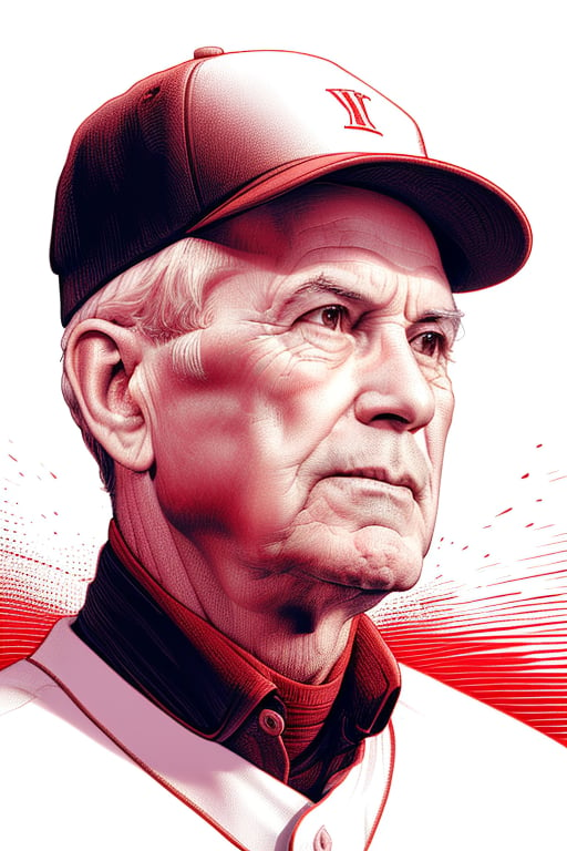 A detailed XTCH crosshatching sketched illustration, close-up portrait of a vintage Baseball Player, an older Pitcher staring away under brim of cap, with a smirk. Partially shaded face, highly detailed, red theme, colored linear hatch lines, heavy crosshatching in face and skin tones, sharp focus, spot color, XTCH, crosshatching, portrait, double hats