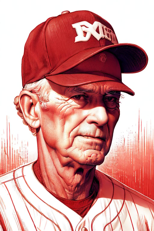 A detailed XTCH crosshatching sketched illustration, close-up portrait of a vintage Baseball Player, an older Pitcher staring away under brim of cap, with a smirk. Partially shaded face, highly detailed, red theme, colored linear hatch lines, heavily crosshatched in face and skin tones, sharp focus, spot color, XTCH, crosshatching, portrait