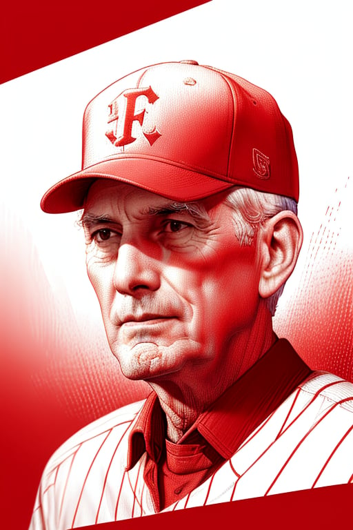 A detailed XTCH crosshatching sketched illustration, close-up portrait of a vintage Baseball Player, an older Pitcher staring away under brim of cap, with a smirk. Partially shaded face, highly detailed, red theme, colored linear hatch lines, heavy crosshatching in face and skin tones, sharp focus, partially colored, spot color, XTCH, crosshatching, portrait