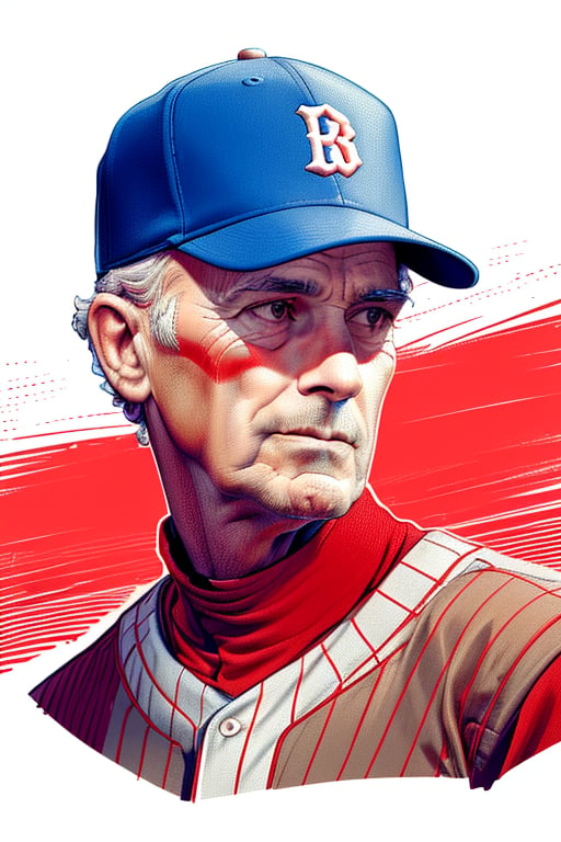 A detailed XTCH crosshatching sketched illustration, close-up portrait of a vintage Baseball Player, an older Pitcher staring away under brim of cap, with a smirk. Partially shaded face, highly detailed, red theme, colored linear hatch lines, heavily crosshatched in face and skin tones, sharp focus, spot color, XTCH, crosshatching, portrait