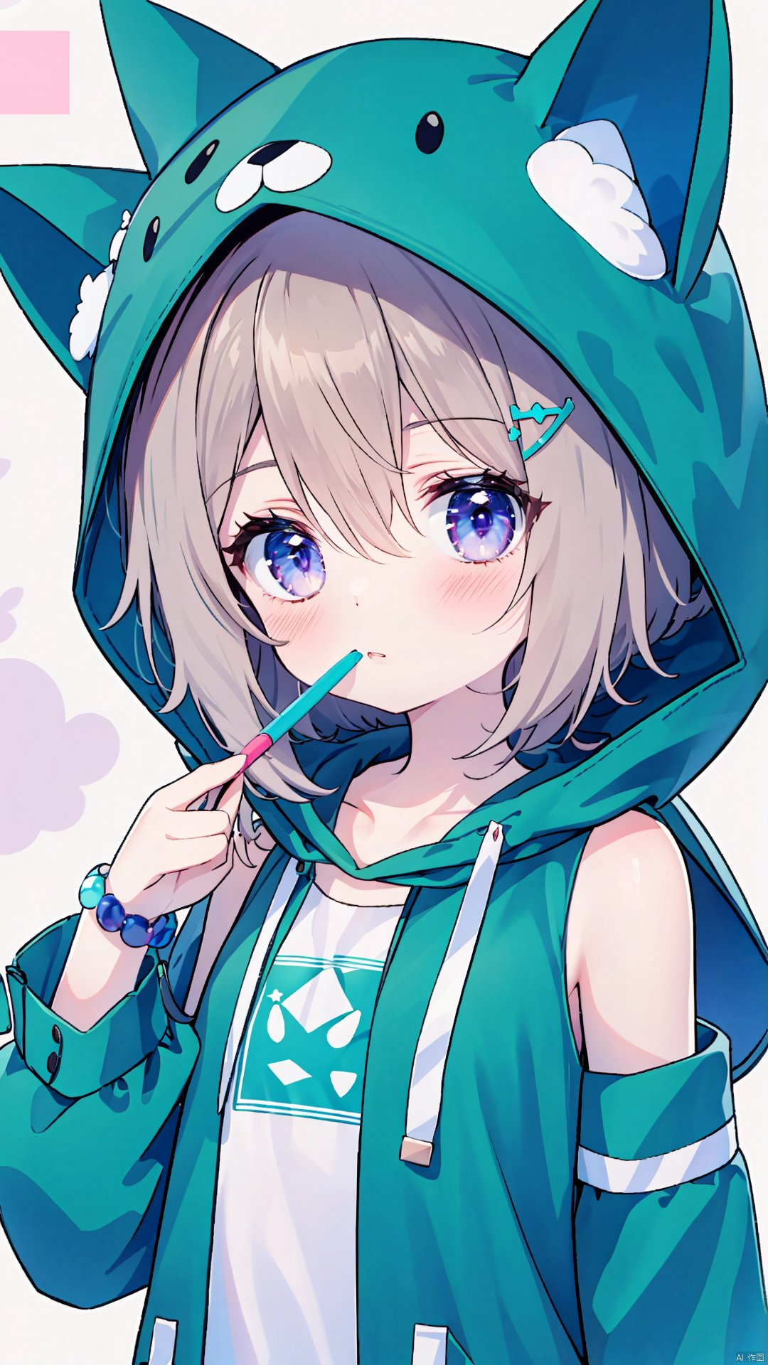 1girl, solo, long hair, looking at viewer, blush, bangs, brown hair, shirt, hair ornament, long sleeves, holding, animal ears, hair between eyes, bare shoulders, purple eyes, upper body, frills, detached sleeves, puffy sleeves, hand up, hood, fake animal ears, hair bobbles, puffy long sleeves, hood up, green jacket, animal hood, stylus, holding stylus