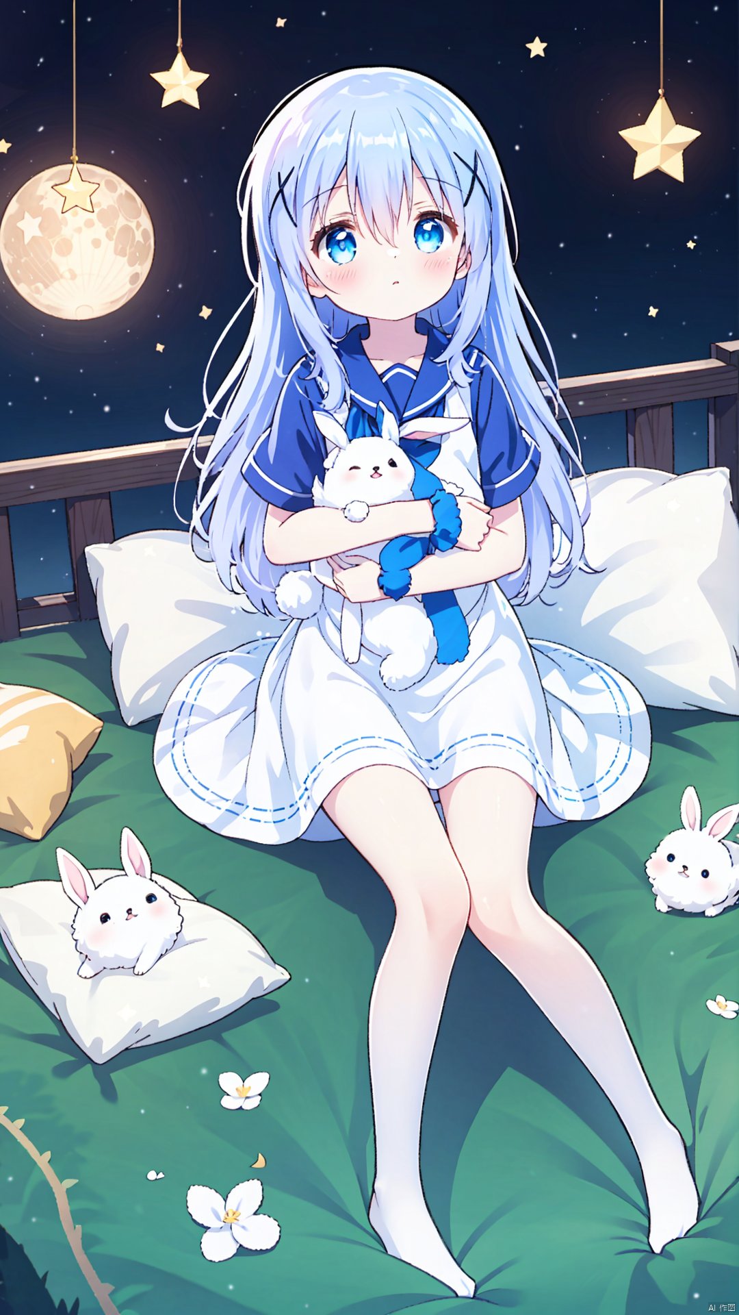 1girl, long hair, looking at viewer, blush, bangs, blue eyes, skirt, hair ornament, dress, ribbon, hair between eyes, very long hair, blue hair, full body, hair ribbon, flower, short sleeves, barefoot, striped, white dress, pillow, animal, moon, x hair ornament, blue ribbon, crescent, rabbit, angora rabbit, kafuu chino, tippy \(gochiusa\)