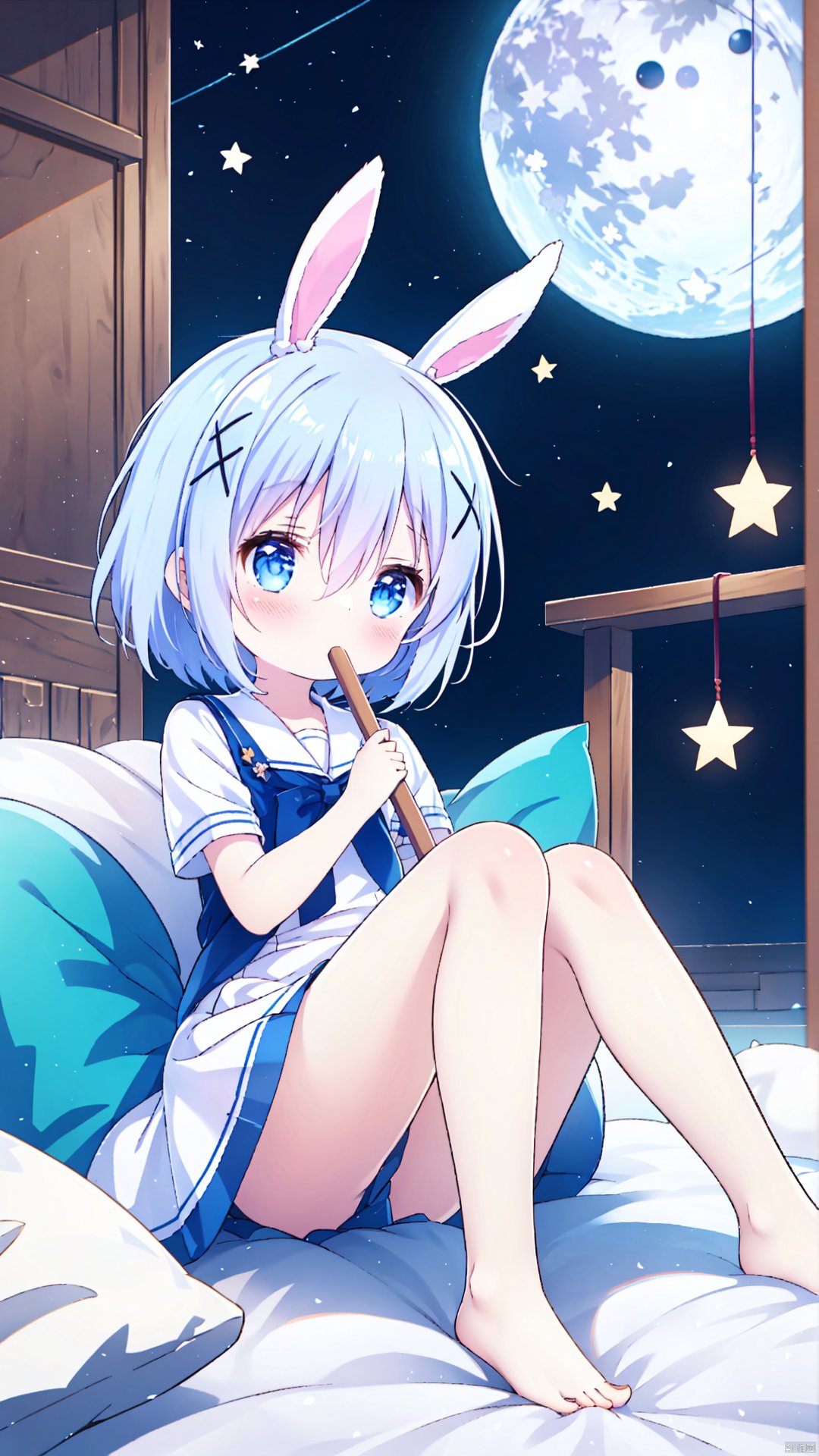 1girl, long hair, looking at viewer, blush, bangs, blue eyes, skirt, hair ornament, dress, ribbon, hair between eyes, very long hair, blue hair, full body, hair ribbon, flower, short sleeves, barefoot, striped, white dress, pillow, animal, moon, x hair ornament, blue ribbon, crescent, rabbit, angora rabbit, kafuu chino, tippy \(gochiusa\)