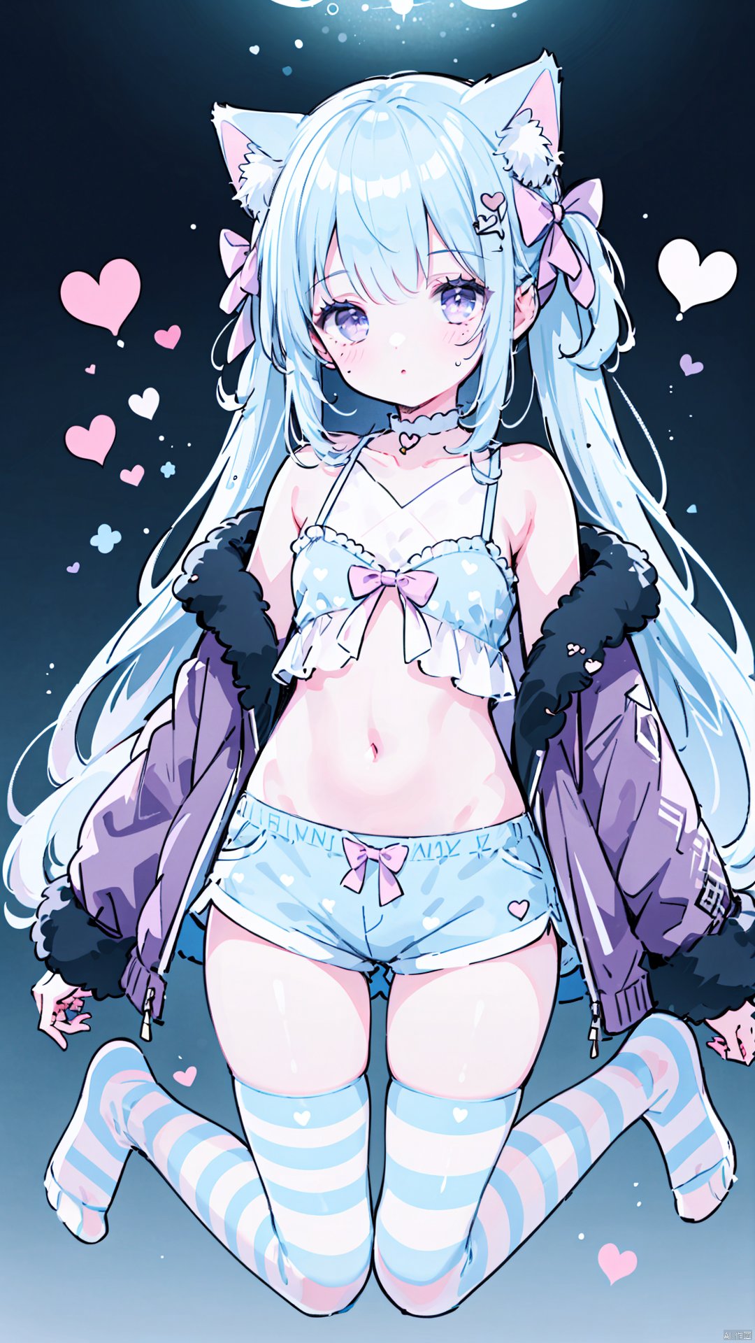 1girl, solo, animal ears, thighhighs, striped, pink hair, striped thighhighs, long hair, bow, jacket, navel, purple bow, purple eyes, short shorts, camisole, off shoulder, shorts, two side up, heart hair ornament, long sleeves, animal, white shorts, very long hair, blush, white camisole, looking at viewer, hair ornament, hair bow, no shoes, heart, purple jacket, midriff, cat ears, polka dot, bangs, puffy long sleeves, crop top, full body