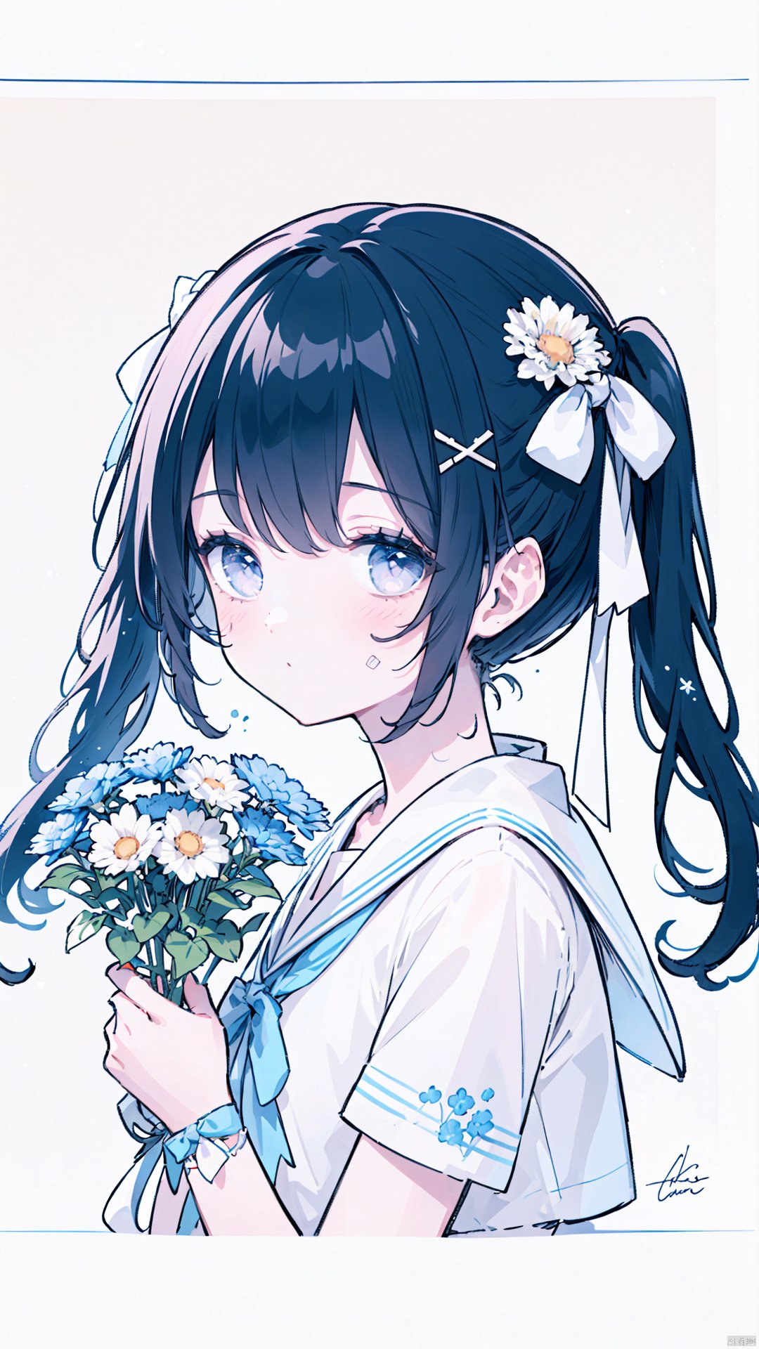 1girl, solo, bow, white background, bandaid, hair bow, twintails, short sleeves, simple background, flower, upper body, sailor collar, holding, green hair, hair ornament, puffy sleeves, blush, puffy short sleeves, bangs, purple eyes, pink bow, white bow, pink shirt, bouquet, long hair, white sailor collar, looking at viewer, signature, closed mouth, shirt, white flower, blue hair, x hair ornament, blue flower