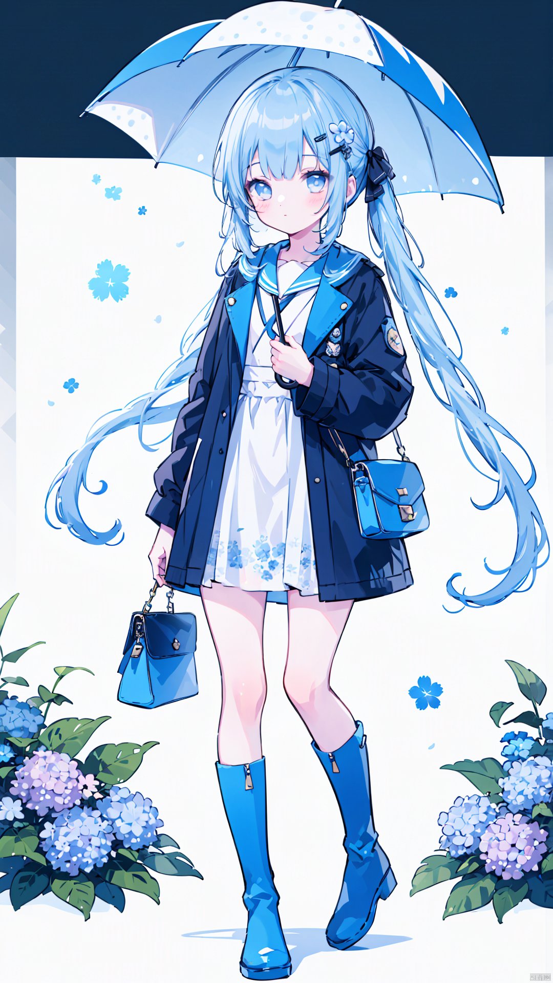 1girl, teruterubouzu, solo, boots, closed umbrella, blue jacket, jacket, umbrella, hydrangea, long hair, bangs, full body, white dress, bag, closed mouth, dress, blue footwear, holding, blush, ribbon, hair ribbon, pleated dress, hair ornament, blue flower, very long hair, flower, hair between eyes, looking at viewer, grey hair, twintails, long sleeves, shoulder bag, rubber boots, open jacket, hairclip, blue hair