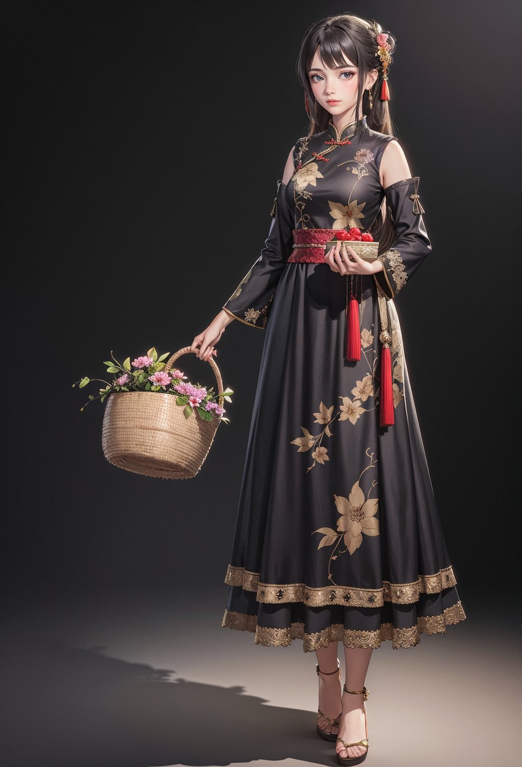 1girl,basket,solo,brown hair,long hair,flower,hair ornament,full body,hair flower,holding basket,standing,dress,holding,grey background,chinese clothes,shadow,looking at viewer,jewelry,  (extremely detailed CG unity 8k wallpaper),(((masterpiece))),(((best quality))),((ultra-detailed)),(best illustration),(best shadow), <lora:sur Mix_20240223010857:0.3>