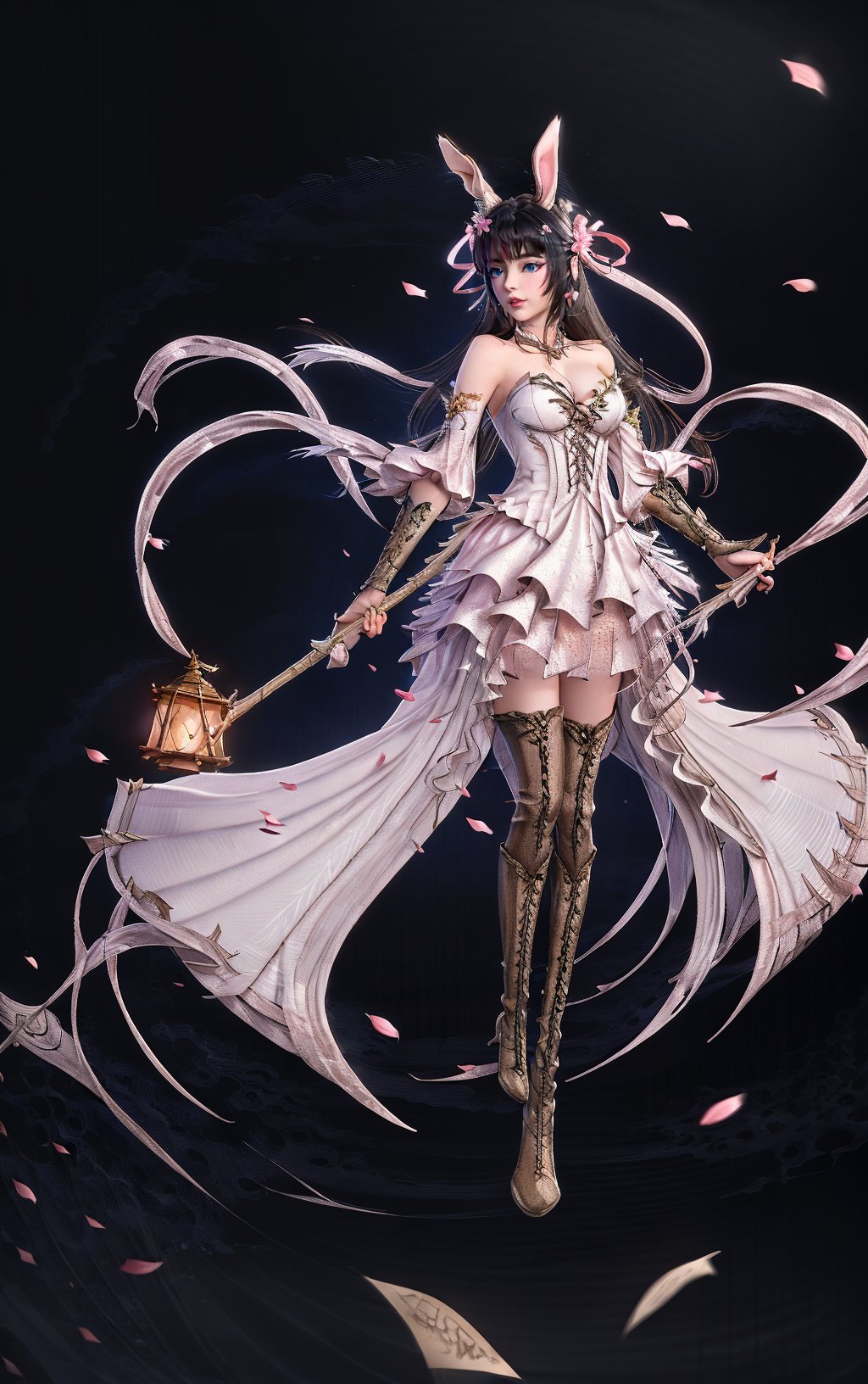 1girl,animal ears,solo,boots,long hair,knee boots,detached sleeves,hair ornament,rabbit ears,petals,blue eyes,black hair,full body,thigh strap,bare shoulders,skirt,cross-laced footwear,breasts,brown hair,lantern,flower,lace-up boots,standing,cherry blossoms,  <lora:sur Mix_20240223010857-000012:1>