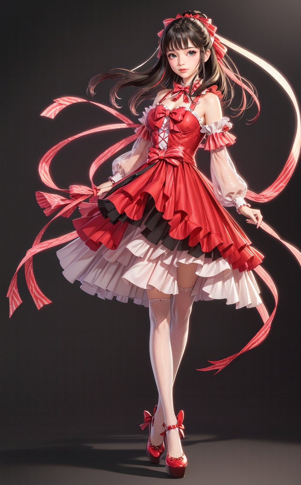 1girl,bow,dress,grey background,red bow,full body,frills,simple background,solo,thighhighs,ribbon,frilled dress,hair bow,red dress,, (extremely detailed CG unity 8k wallpaper),(((masterpiece))),(((best quality))),((ultra-detailed)),(best illustration),(best shadow), <lora:sur Mix_20240223010857-000016:0.5>