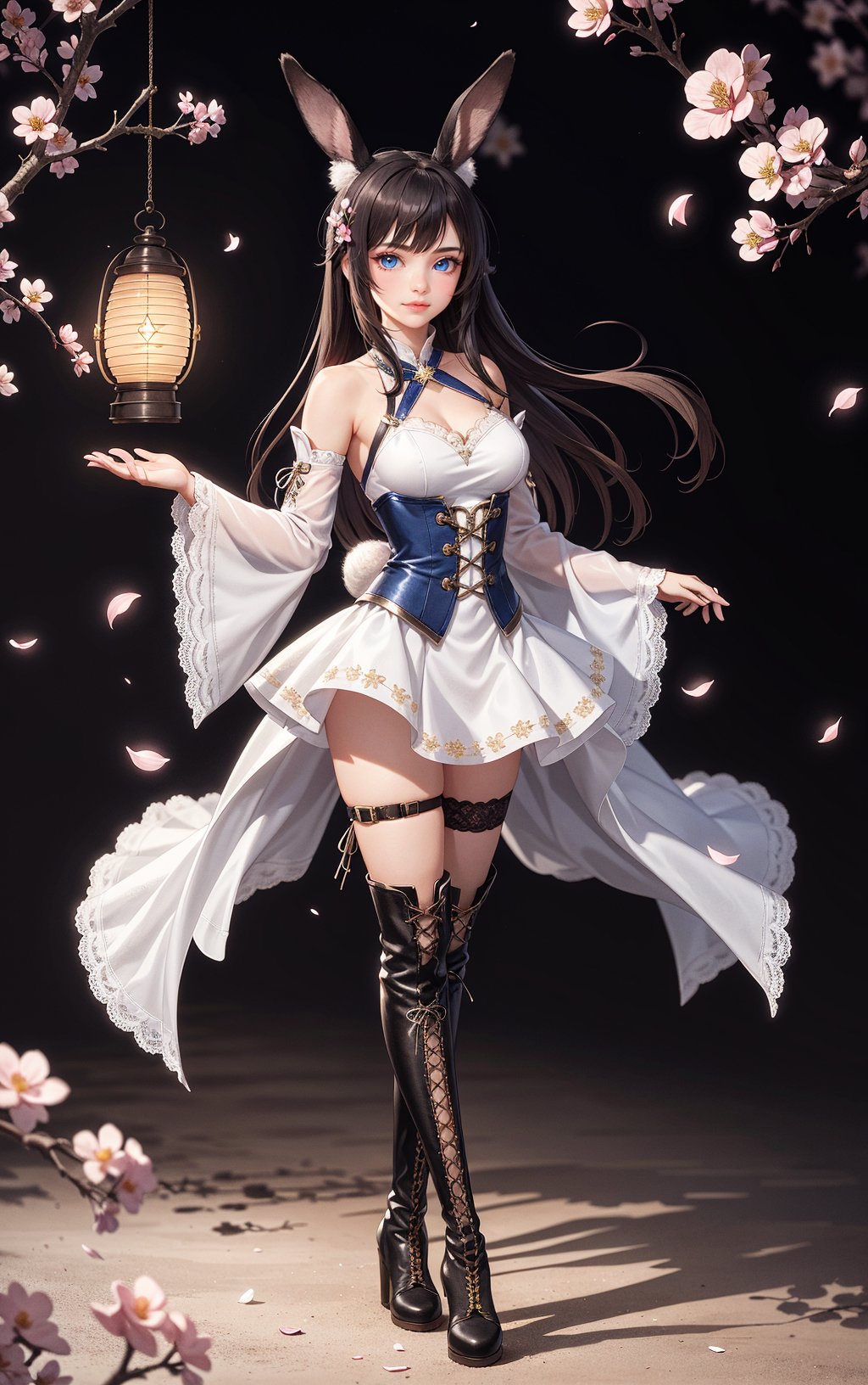 1girl,animal ears,solo,boots,long hair,knee boots,detached sleeves,hair ornament,rabbit ears,petals,blue eyes,black hair,full body,thigh strap,bare shoulders,skirt,cross-laced footwear,breasts,brown hair,lantern,flower,lace-up boots,standing,cherry blossoms, <lora:sur Mix_20240223010857:0.3>