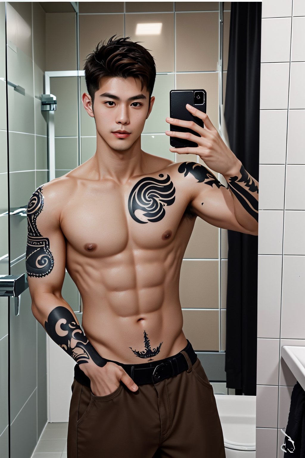 He is of mixed Italian and Taiwanese descent, takes a selfie in the bathroom mirror, has European and American tattoos, short hair, light brown hair, and black eyes,Handsome man,handsome men, strong, tall