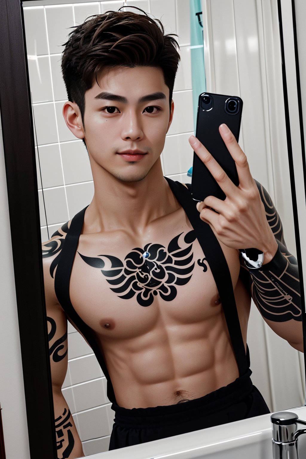 He is of mixed Italian and Taiwanese descent, takes a selfie in the bathroom mirror, has European and American tattoos, short hair, light brown hair, and black eyes,Handsome man,handsome men,