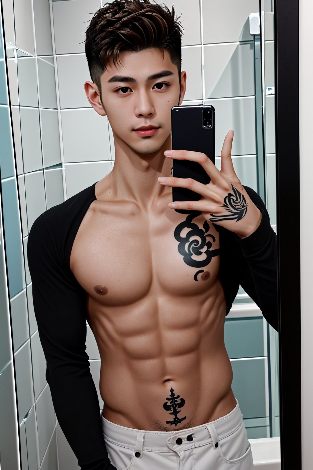 He is of mixed Italian and Taiwanese descent, takes a selfie in the bathroom mirror, has European and American tattoos, short hair, light brown hair, and black eyes,Handsome man,handsome men,