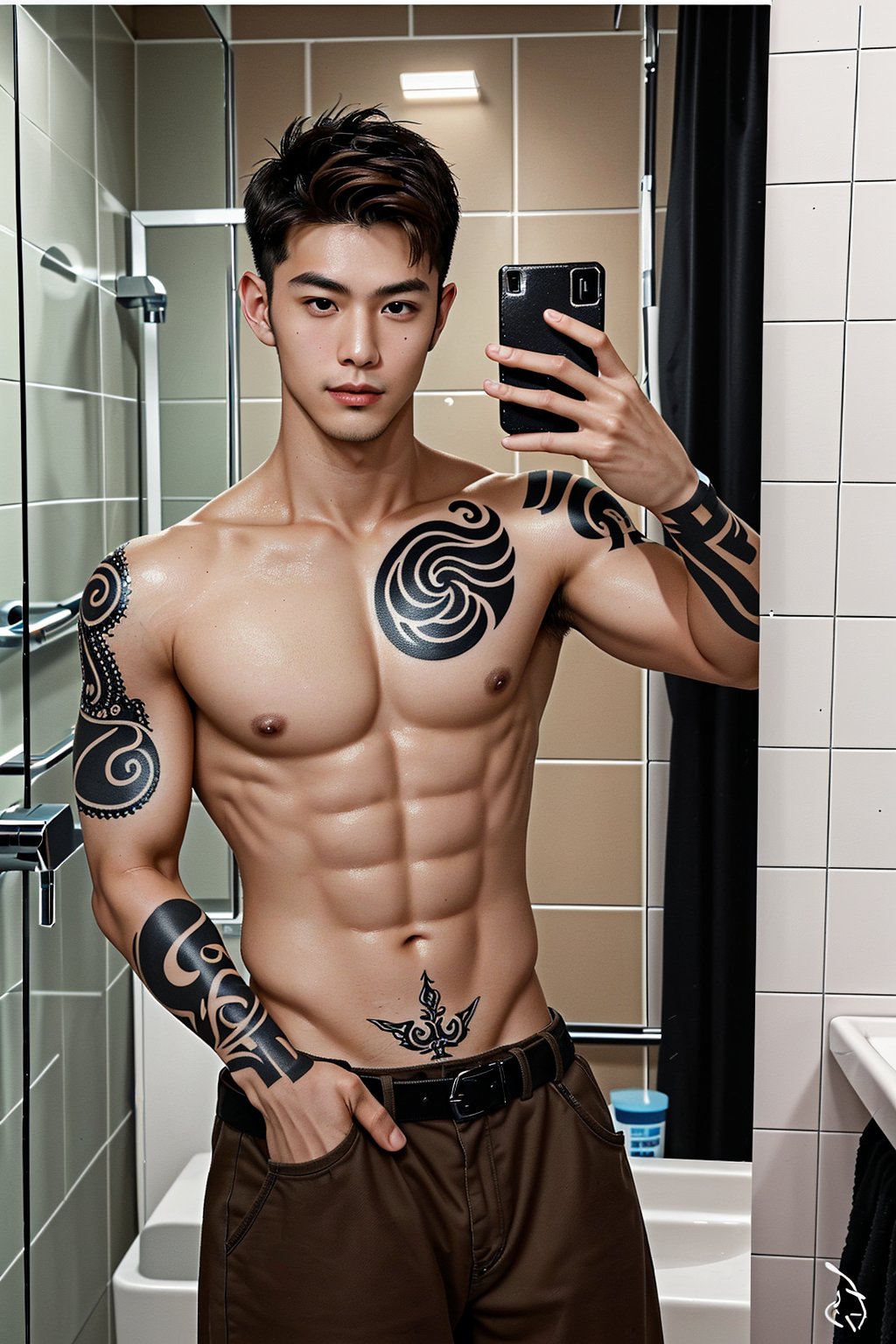 He is of mixed Italian and Taiwanese descent, takes a selfie in the bathroom mirror, has European and American tattoos, short hair, light brown hair, and black eyes,Handsome man,handsome men, strong, tall