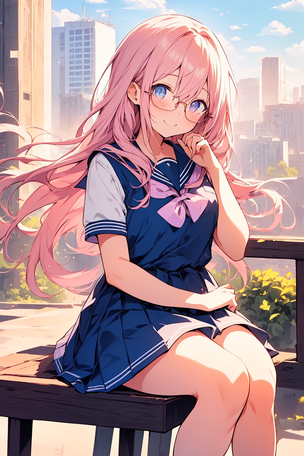 ((masterpiece)), (best quality), (beautiful detailed eyes), (ultra-detailed), (finely detail), (highres), colorful, Pastel Color, perfect anatomy, kawaii illustration, (1 cute girl), glases, school uniform, city, happy, sitting, cocoa, 