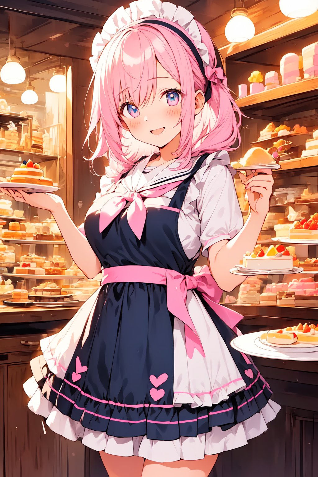 ((masterpiece)), (best quality), (beautiful detailed eyes), (ultra-detailed), (finely detail), (highres), colorful, Pastel Color, perfect anatomy, kawaii illustration, (1 cute girl), glases, (silver tray on the white plate pudding a la mode), pudding a la mode, smile, Cake shop, standing, Bandana with pastel pink dot pattern in hair, White apron, Pastel Color pink plaid dress, 