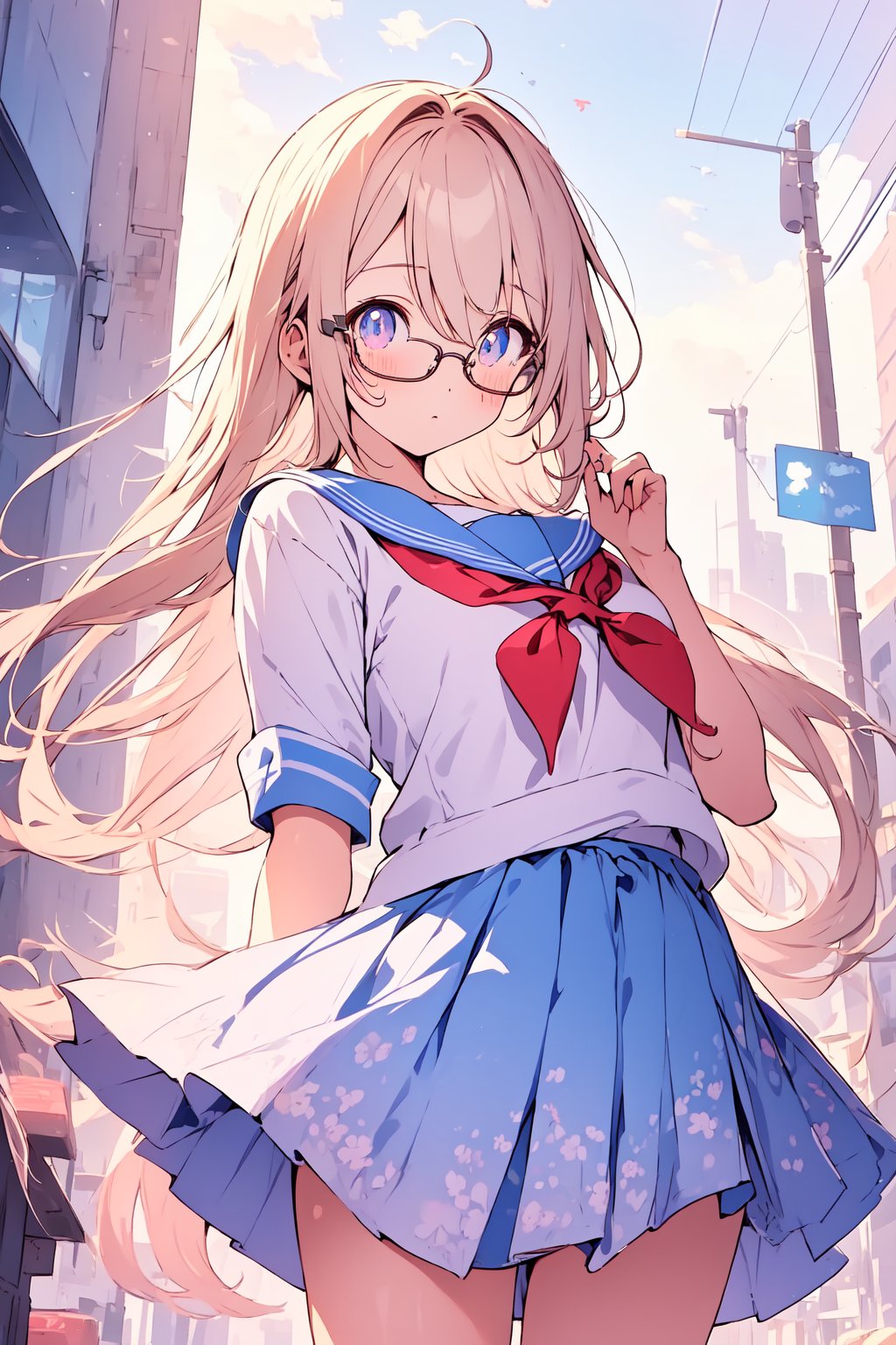 ((masterpiece)), (best quality), (beautiful detailed eyes), (ultra-detailed), (finely detail), (highres), colorful, Pastel Color, perfect anatomy, kawaii illustration, (1 cute girl), glases, school uniform, city, 