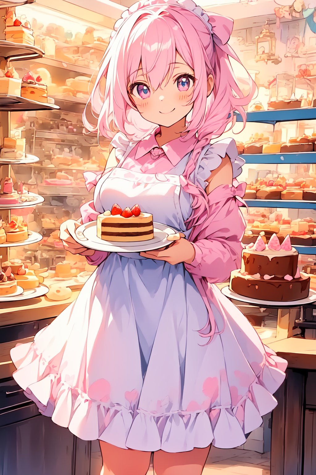 ((masterpiece)), (best quality), (beautiful detailed eyes), (ultra-detailed), (finely detail), (highres), colorful, Pastel Color, perfect anatomy, kawaii illustration, (1 cute girl), glases, (white plate on the pudding a la mode), pudding a la mode, smile, Cake shop, standing, Bandana with pastel pink dot pattern in hair, White apron, Pastel Color pink plaid dress, 