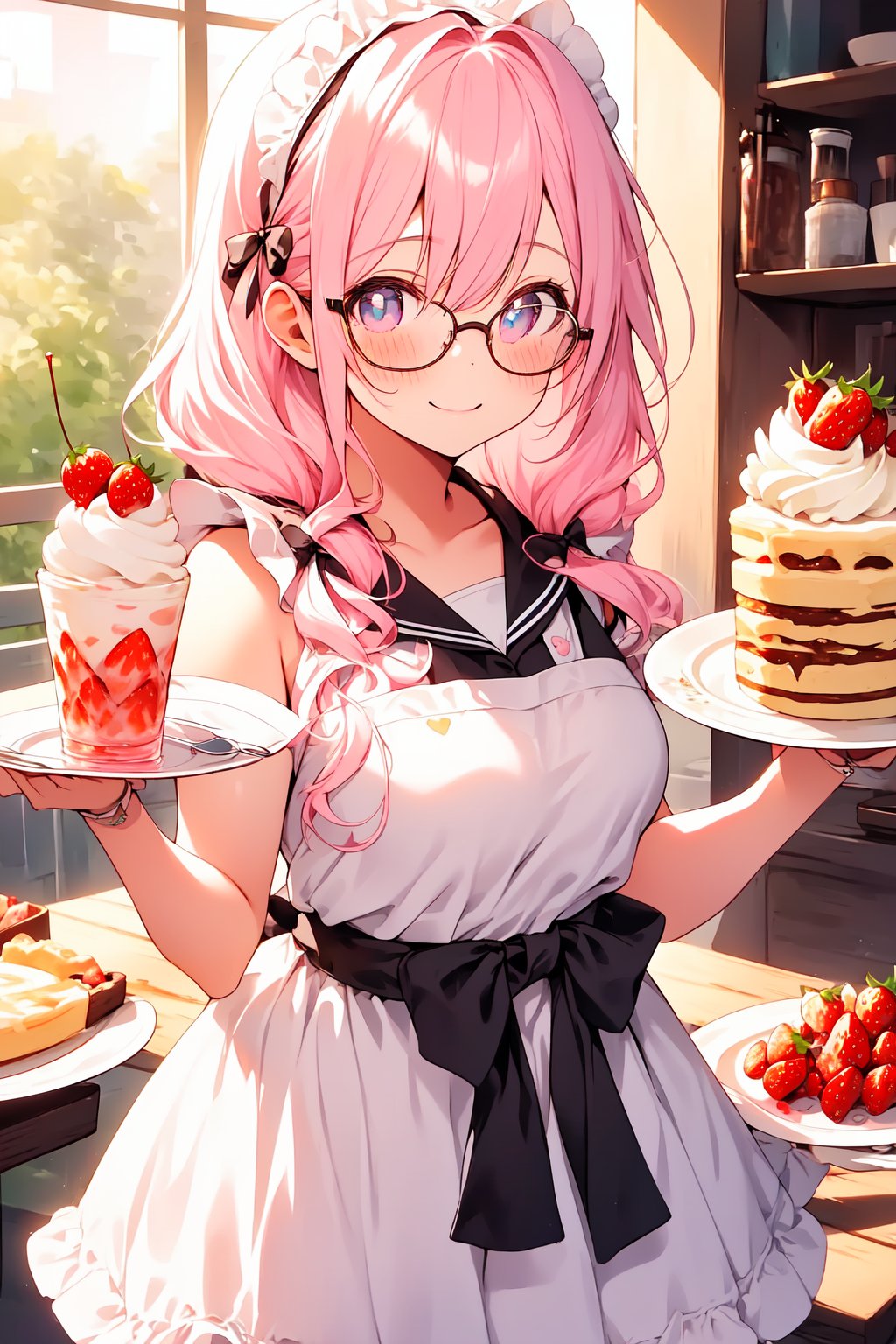 ((masterpiece)), (best quality), (beautiful detailed eyes), (ultra-detailed), (finely detail), (highres), colorful, Pastel Color, perfect anatomy, kawaii illustration, (1 cute girl), glases, (on a plate pudding, whipped cream, fresh cream, ice cream, strawberries, and cherries on top), smile, Cake shop, standing, Bandana with pastel pink dot pattern in hair, White apron, Pastel Color pink plaid dress, 