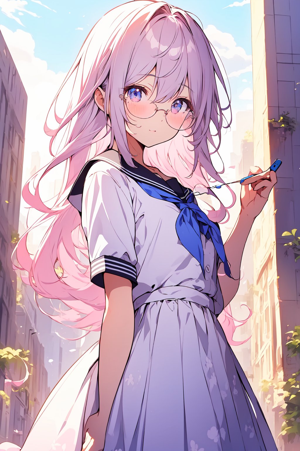 ((masterpiece)), (best quality), (beautiful detailed eyes), (ultra-detailed), (finely detail), (highres), colorful, Pastel Color, perfect anatomy, kawaii illustration, (1 cute girl), glases, school uniform, city, 