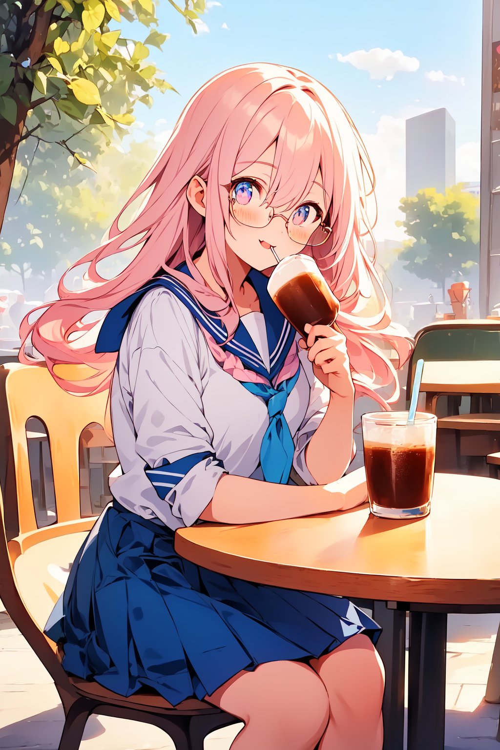 ((masterpiece)), (best quality), (beautiful detailed eyes), (ultra-detailed), (finely detail), (highres), colorful, Pastel Color, perfect anatomy, kawaii illustration, (1 cute girl), glases, school uniform, city, Cafe, drinking cocoa, happy, sitting, 