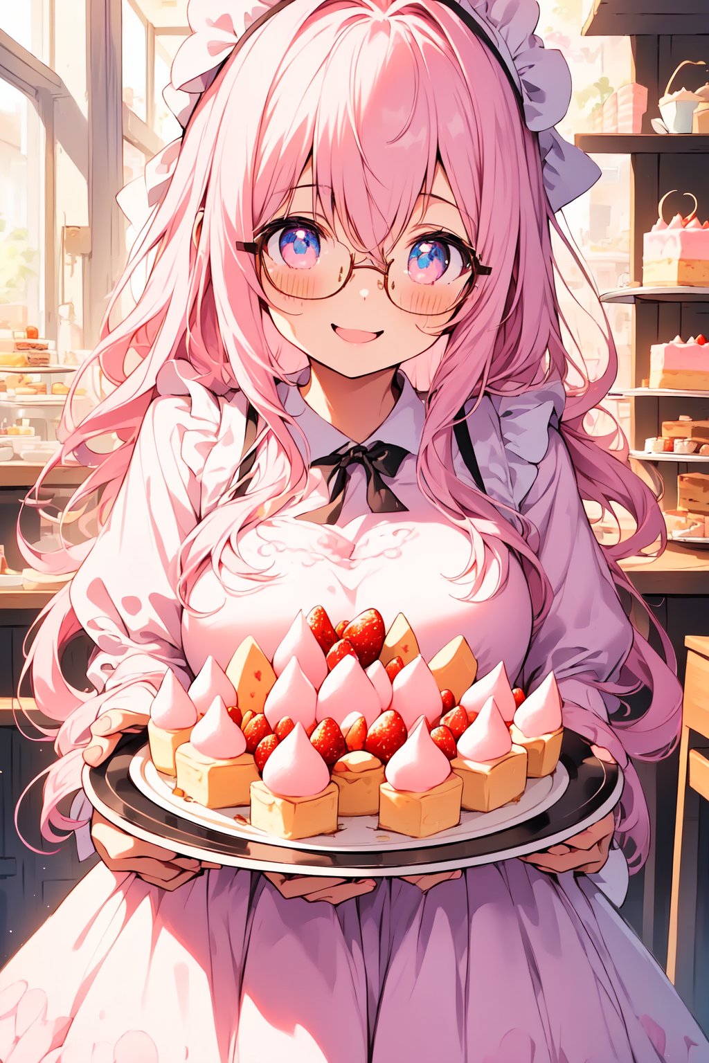 ((masterpiece)), (best quality), (beautiful detailed eyes), (ultra-detailed), (finely detail), (highres), colorful, Pastel Color, perfect anatomy, kawaii illustration, (1 cute girl), glases, (white plate on the pudding a la mode), (pudding a la mode), smile, Cake shop, standing, Bandana with pastel pink dot pattern in hair, White apron, Pastel Color pink plaid dress, 