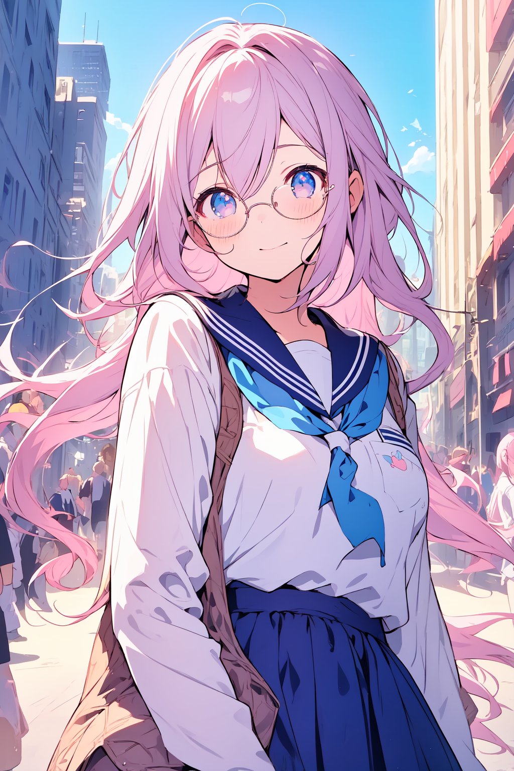 ((masterpiece)), (best quality), (beautiful detailed eyes), (ultra-detailed), (finely detail), (highres), colorful, Pastel Color, perfect anatomy, kawaii illustration, (1 cute girl), glases, school uniform, city, 