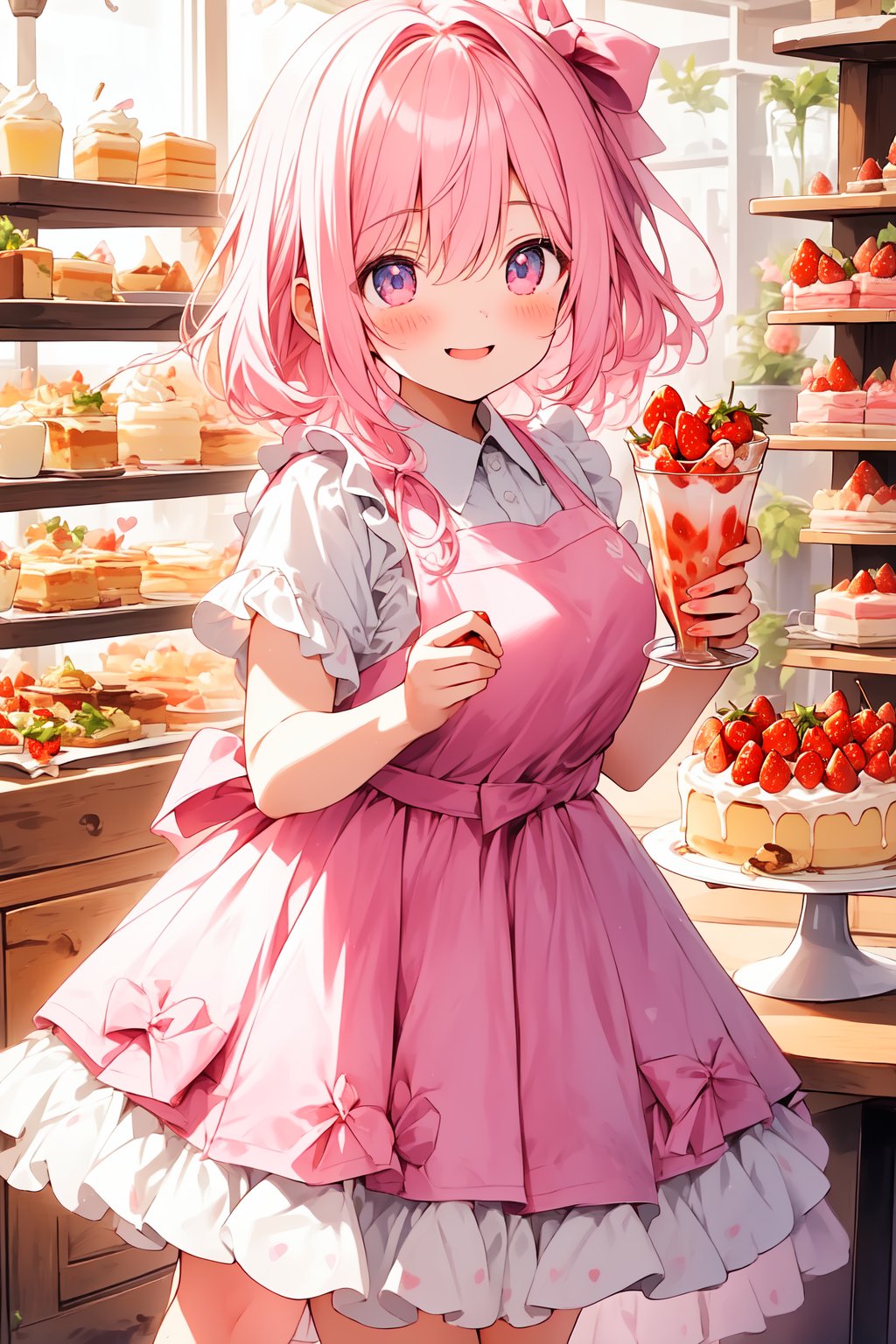 ((masterpiece)), (best quality), (beautiful detailed eyes), (ultra-detailed), (finely detail), (highres), colorful, Pastel Color, perfect anatomy, kawaii illustration, (1 cute girl), glases, (A transparent plate with pudding, whipped cream, fresh cream, ice cream, strawberries, and cherries on top), smile, Cake shop, standing, Bandana with pastel pink dot pattern in hair, White apron, Pastel Color pink plaid dress, 