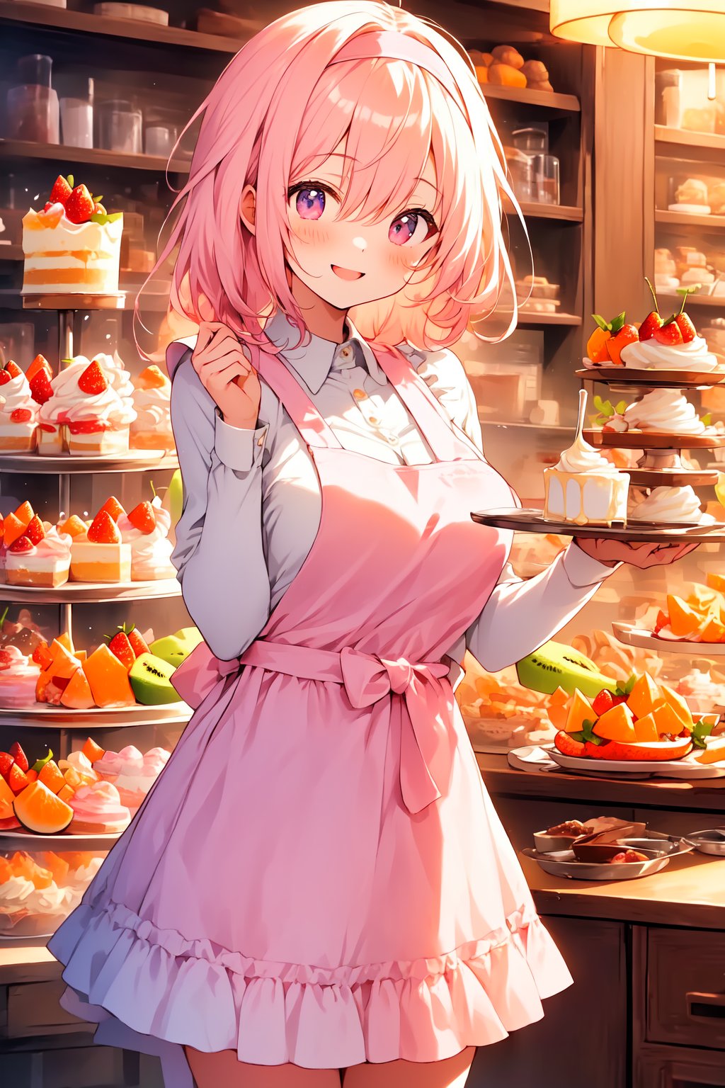 ((masterpiece)), (best quality), (beautiful detailed eyes), (ultra-detailed), (finely detail), (highres), colorful, Pastel Color, perfect anatomy, kawaii illustration, (1 cute girl), glases, (Mainly pudding, whipped cream, fresh cream, ice cream, strawberries, mandarin oranges, kiwi, melon, and cherries are on a transparent plate.), smile, Cake shop, standing, Bandana with pastel pink dot pattern in hair, White apron, Pastel Color pink plaid dress, 