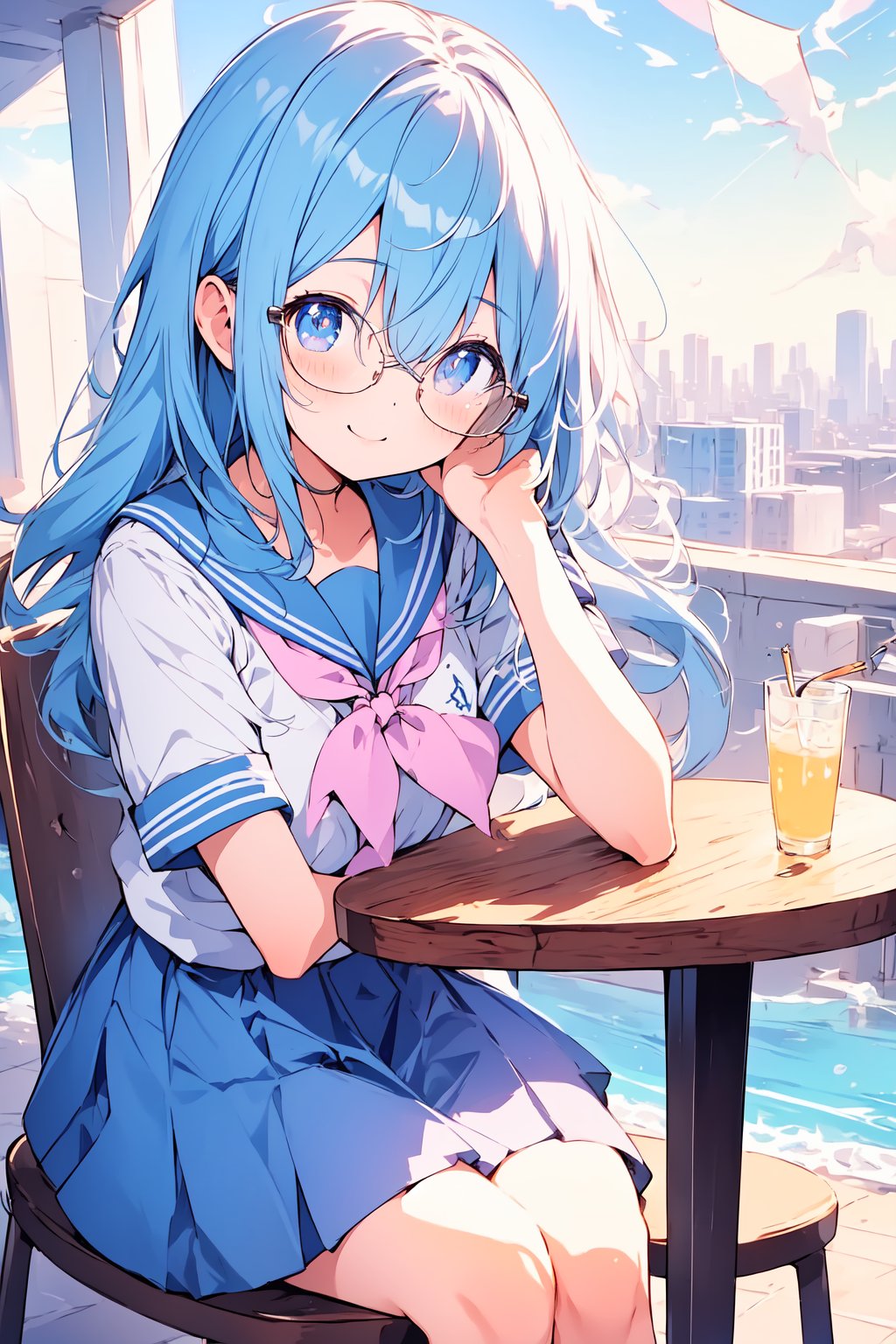 ((masterpiece)), (best quality), (beautiful detailed eyes), (ultra-detailed), (finely detail), (highres), colorful, Pastel Color, perfect anatomy, kawaii illustration, (1 cute girl), glases, school uniform, city, happy, sitting, 