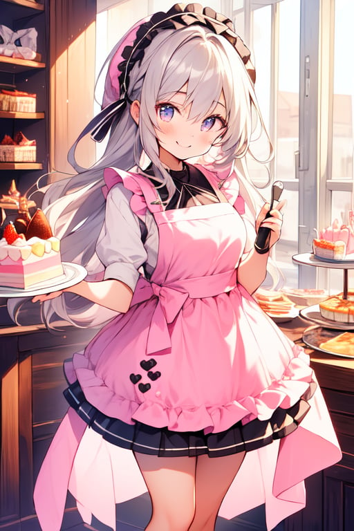 ((masterpiece)), (best quality), (beautiful detailed eyes), (ultra-detailed), (finely detail), (highres), colorful, Pastel Color, perfect anatomy, kawaii illustration, (1 cute girl), glases, (silver tray on the pudding a la mode), pudding a la mode, smile, Cake shop, standing, Bandana with pastel pink dot pattern in hair, White apron, Pastel Color pink plaid dress, 