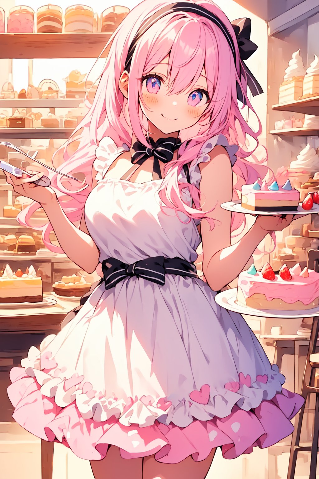 ((masterpiece)), (best quality), (beautiful detailed eyes), (ultra-detailed), (finely detail), (highres), colorful, Pastel Color, perfect anatomy, kawaii illustration, (1 cute girl), glases, (white plate on the pudding a la mode), pudding a la mode, smile, Cake shop, standing, Bandana with pastel pink dot pattern in hair, White apron, Pastel Color pink plaid dress, 