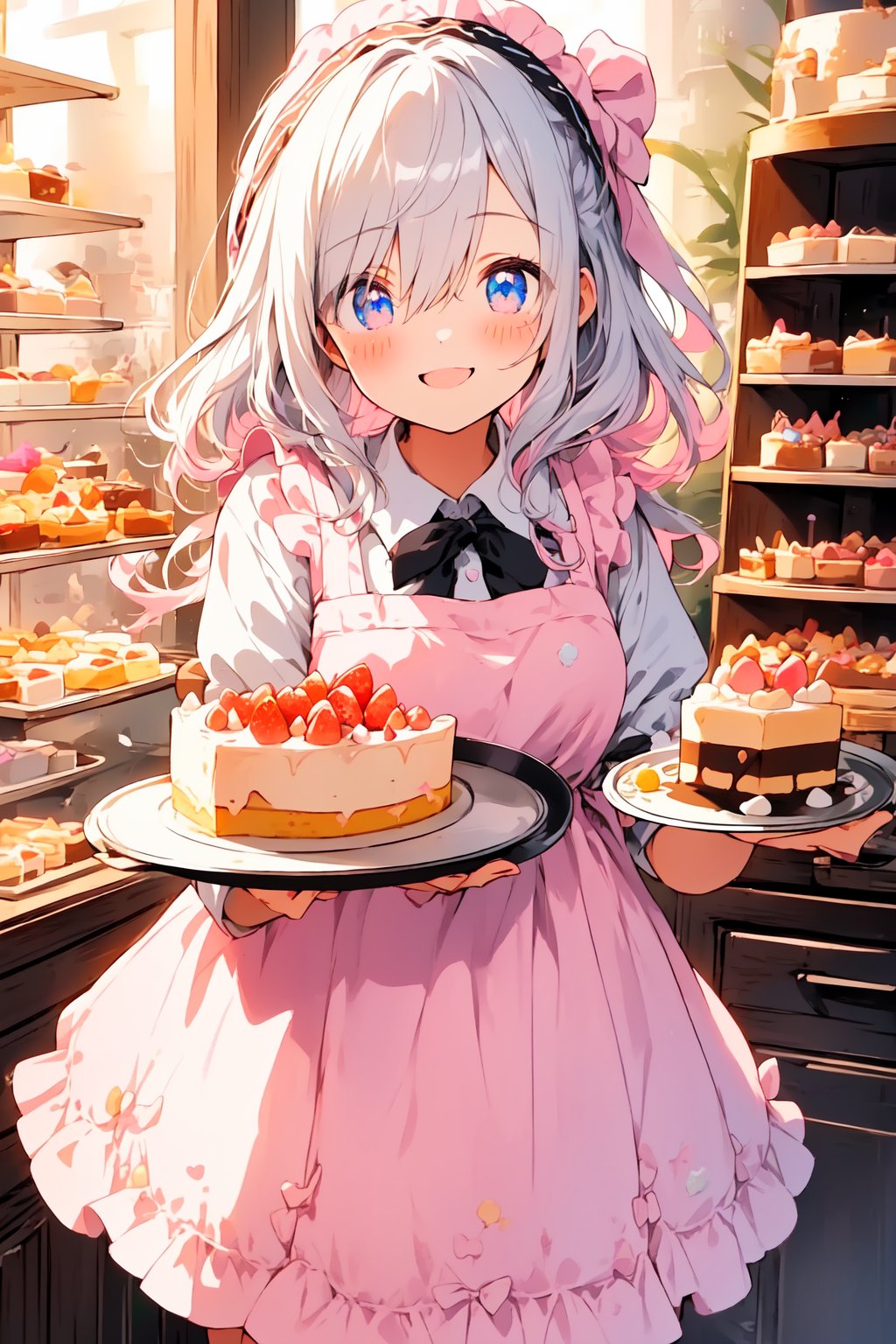 ((masterpiece)), (best quality), (beautiful detailed eyes), (ultra-detailed), (finely detail), (highres), colorful, Pastel Color, perfect anatomy, kawaii illustration, (1 cute girl), glases, (silver tray on the pudding a la mode), pudding a la mode, smile, Cake shop, standing, Bandana with pastel pink dot pattern in hair, White apron, Pastel Color pink plaid dress, 