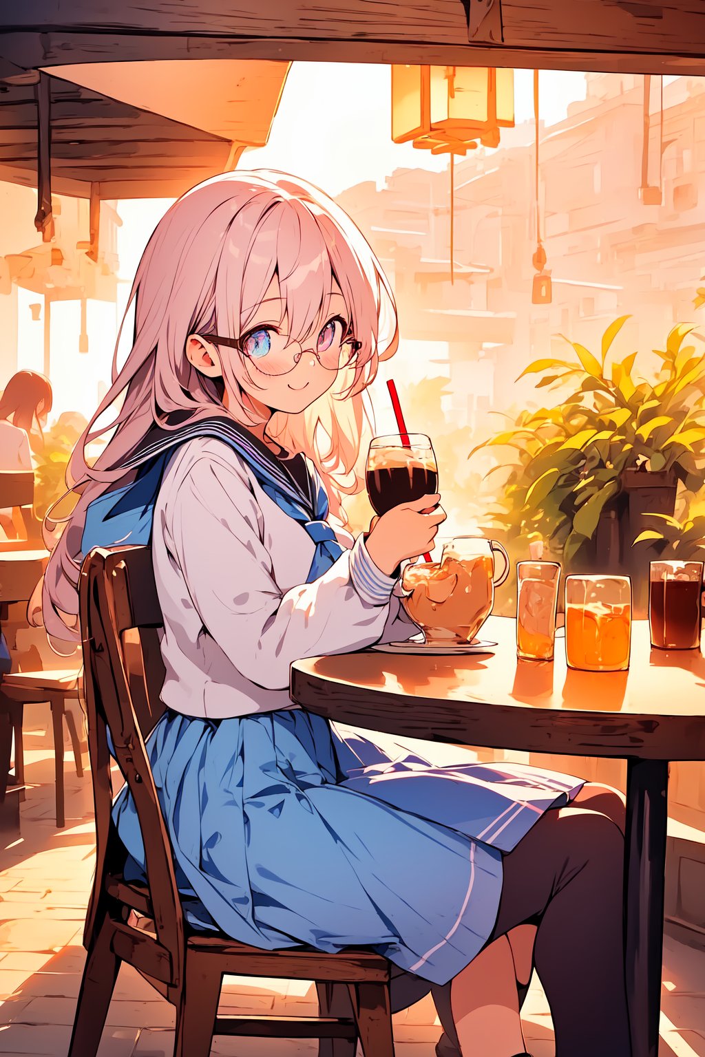 ((masterpiece)), (best quality), (beautiful detailed eyes), (ultra-detailed), (finely detail), (highres), colorful, Pastel Color, perfect anatomy, kawaii illustration, (1 cute girl), glases, school uniform, city, Cafe, cocoa, drinking cocoa, happy, sitting, 