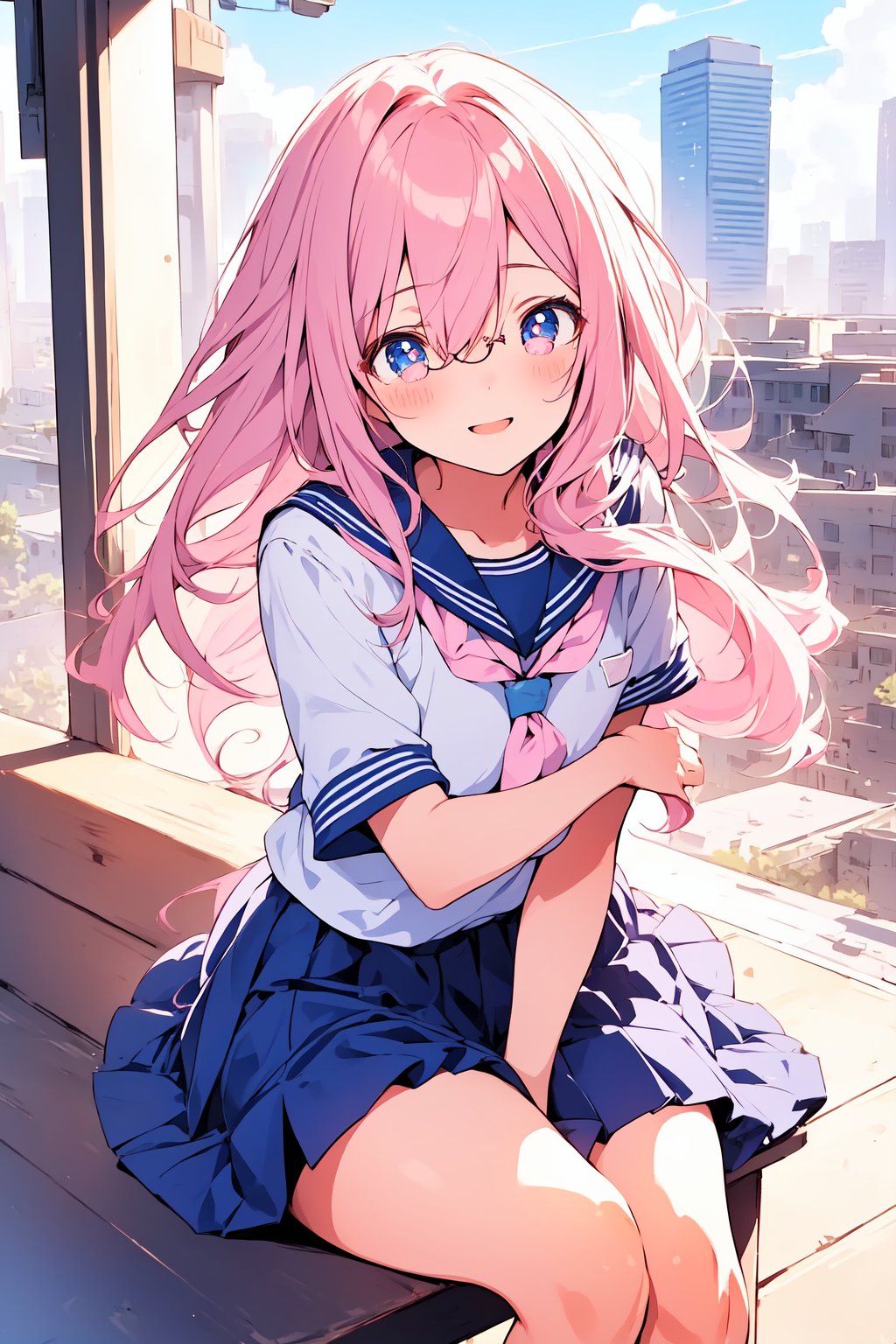 ((masterpiece)), (best quality), (beautiful detailed eyes), (ultra-detailed), (finely detail), (highres), colorful, Pastel Color, perfect anatomy, kawaii illustration, (1 cute girl), glases, school uniform, city, happy, sitting, cocoa, 