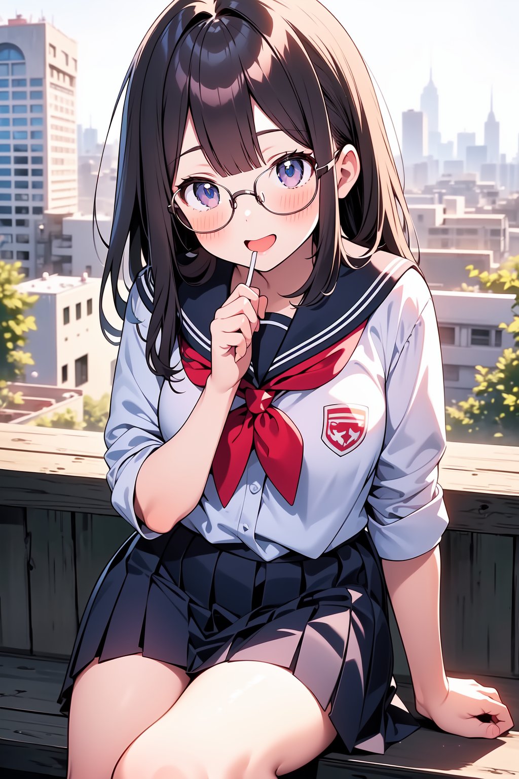 ((masterpiece)), (best quality), (beautiful detailed eyes), (ultra-detailed), (finely detail), (highres), colorful, Pastel Color, perfect anatomy, kawaii illustration, (1 cute girl), glasses, school uniform, city, happy, sitting, cocoa, 