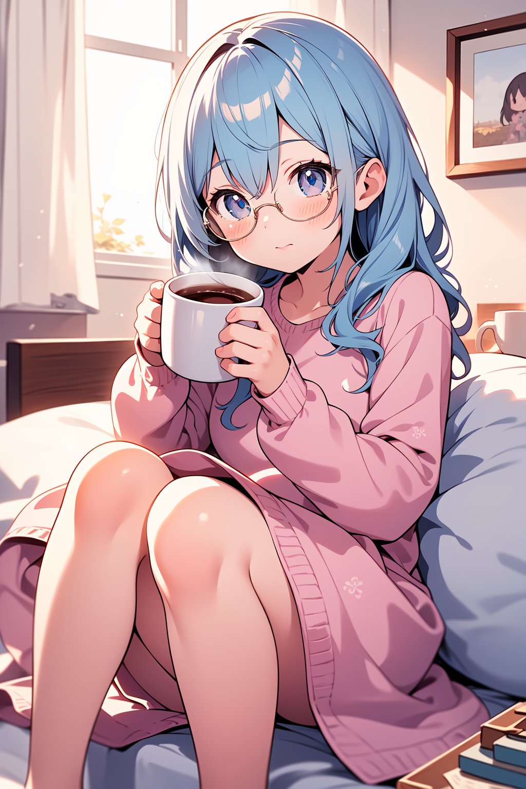 ((masterpiece)), (best quality), (beautiful detailed eyes), (ultra-detailed), (finely detail), (highres), colorful, Pastel Color, perfect anatomy, kawaii illustration, (1 cute girl), glasses, sitting, mug, hot cocoa, kawaii room. relaxing, Room wear, 