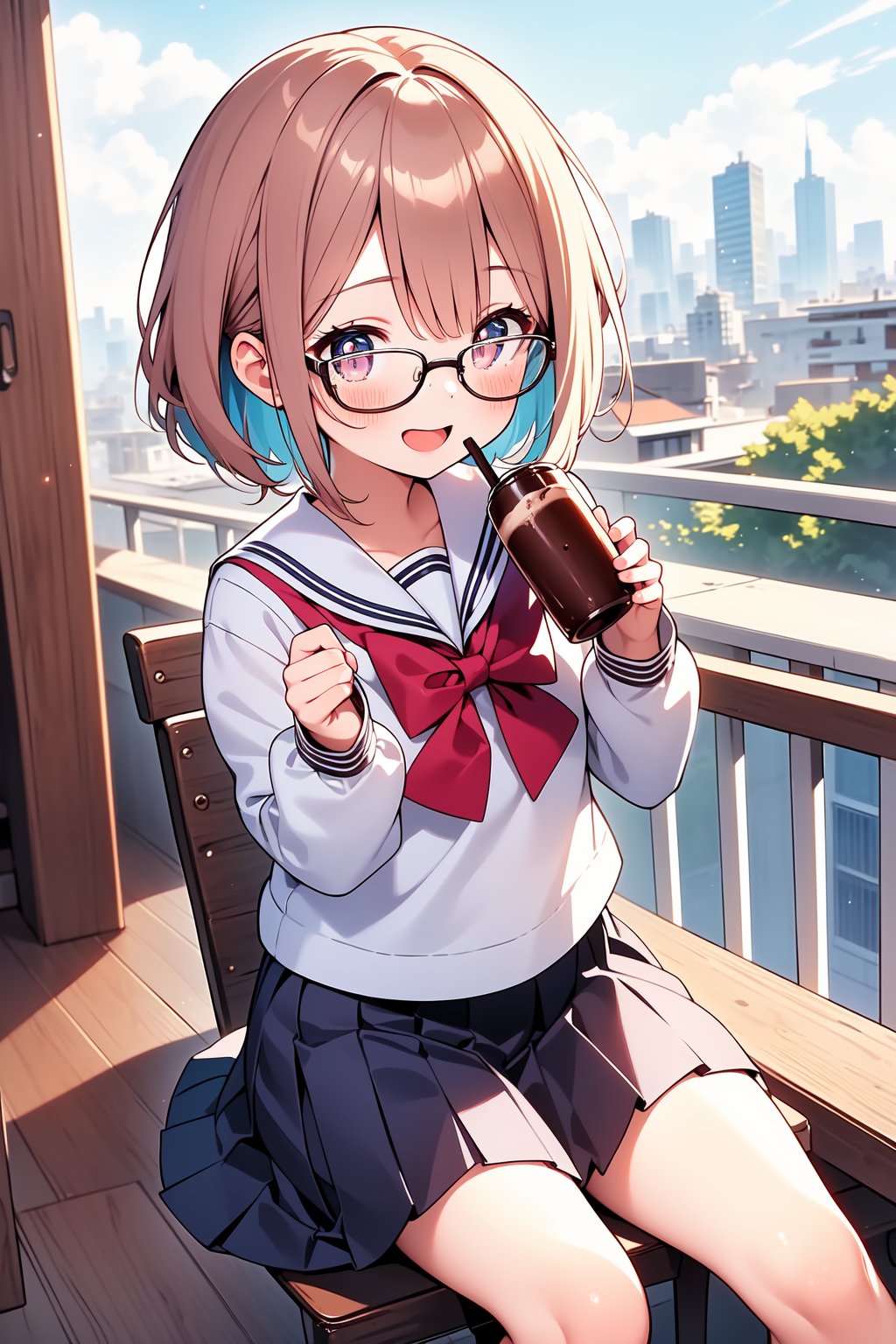 ((masterpiece)), (best quality), (beautiful detailed eyes), (ultra-detailed), (finely detail), (highres), colorful, Pastel Color, perfect anatomy, kawaii illustration, (1 cute girl), glasses, school uniform, city, happy, sitting, cocoa, drinking cocoa, 