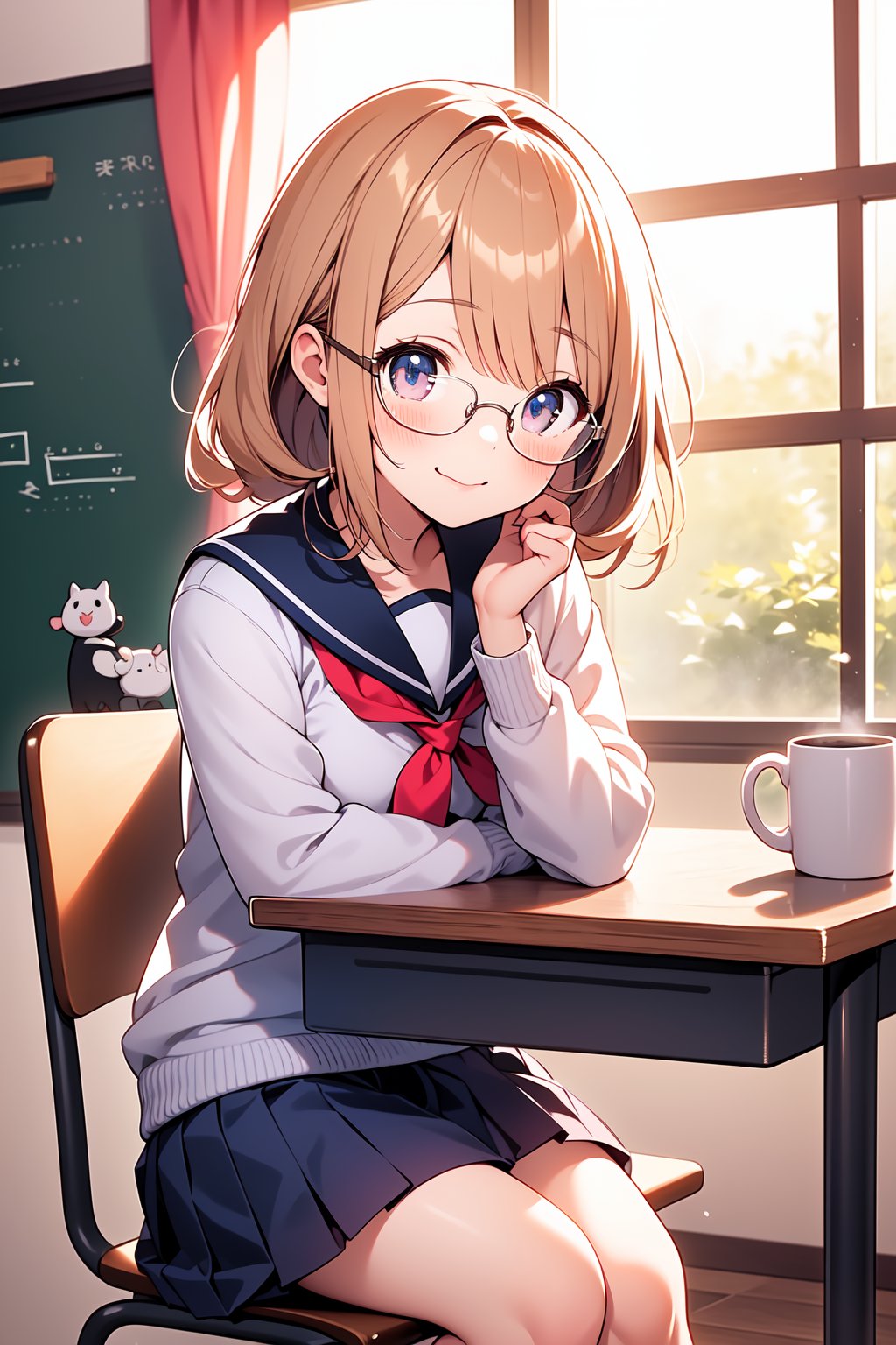 ((masterpiece)), (best quality), (beautiful detailed eyes), (ultra-detailed), (finely detail), (highres), colorful, Pastel Color, perfect anatomy, kawaii illustration, (1 cute girl), glasses, school uniform, sitting, mug, hot cocoa, the room is relaxing, 