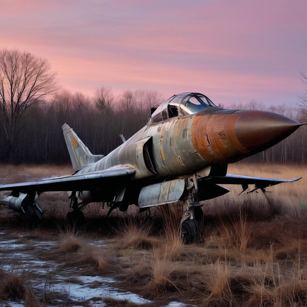 winter, dark, dusk, an abandoned old rusty fighter jet, an overgrown , frame weathered and worn, detailed