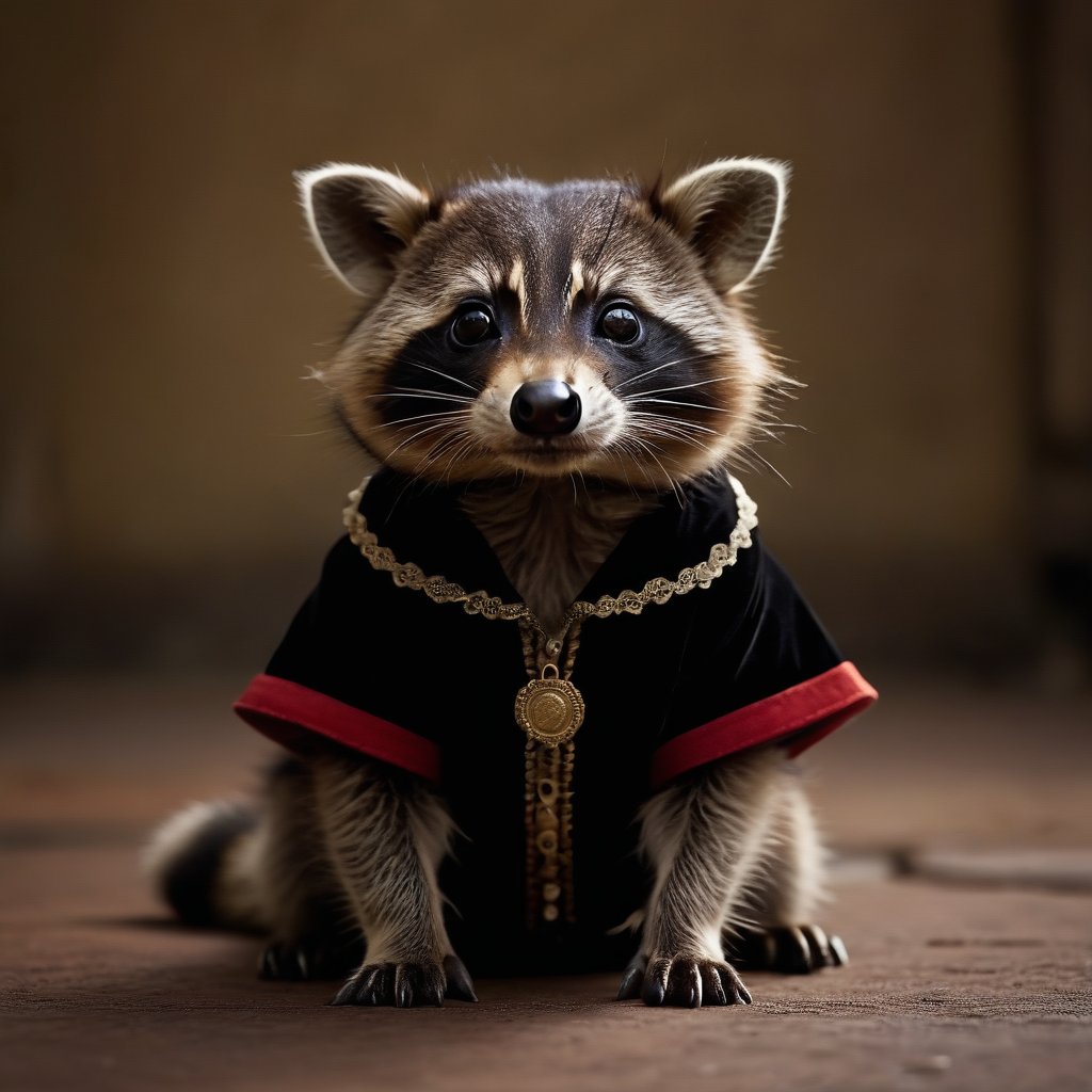 A cinematic shot of a baby raccoon wearing an intricate italian