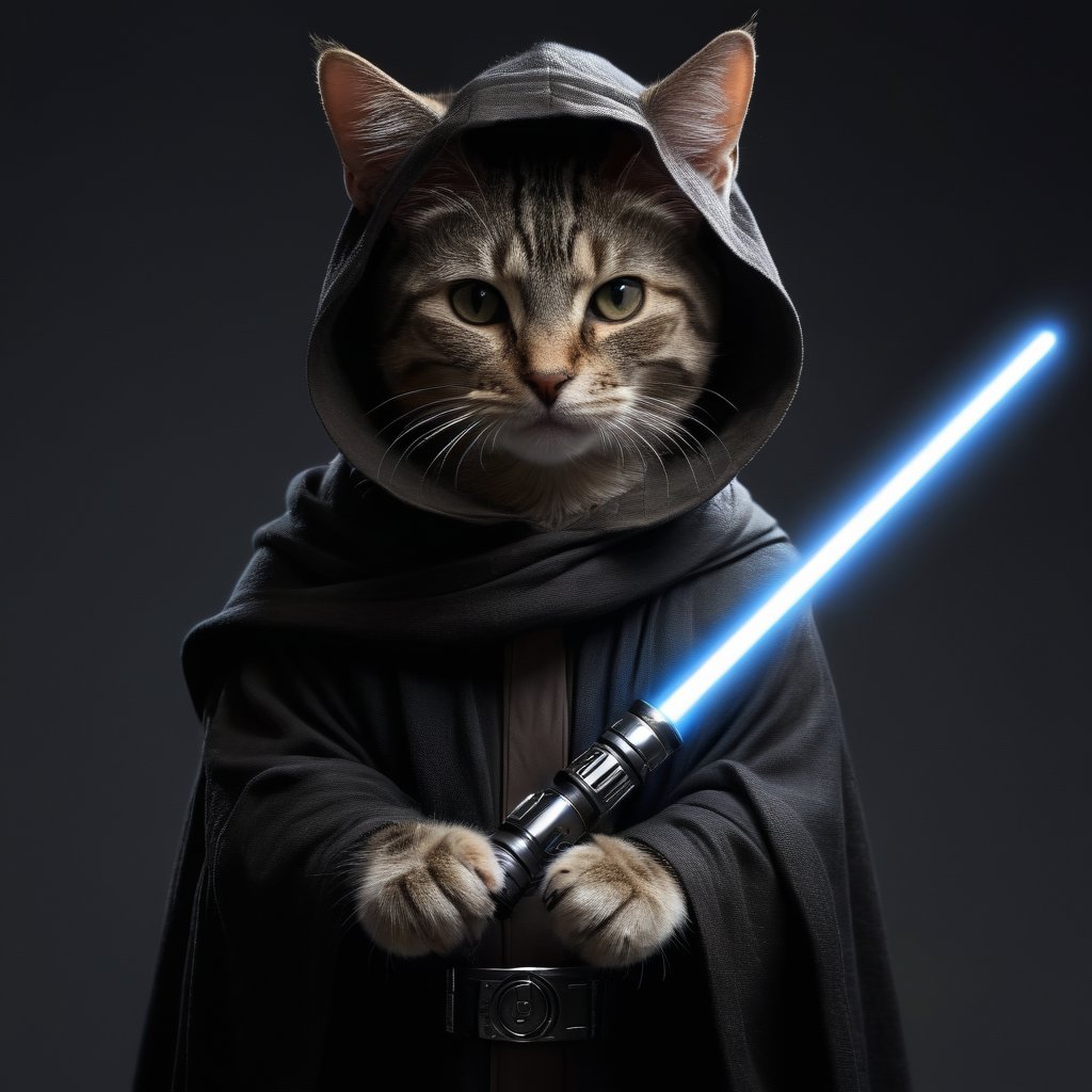 (cat:1.3), a master jedi cat, star wars, holding lightsaber, wearing a jedi cloak hood, photorealistic,cat